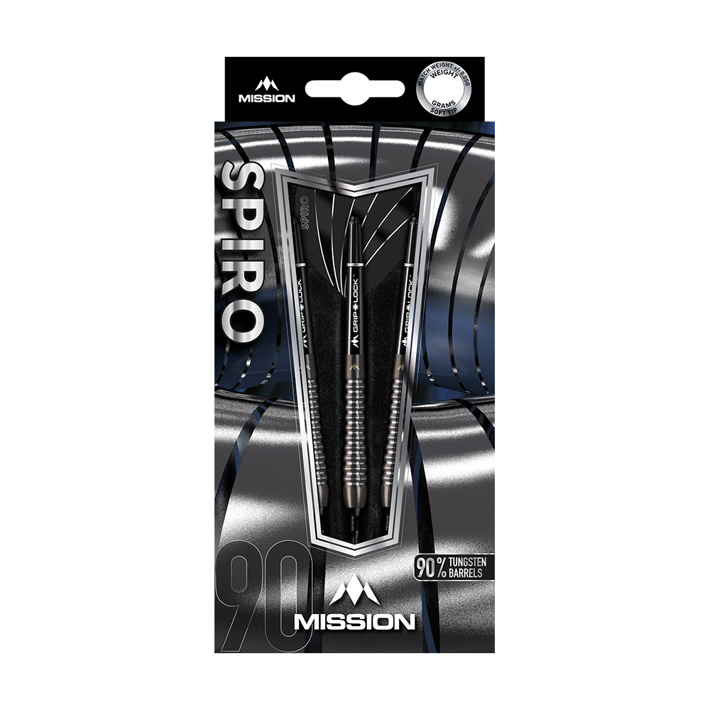 Die Abbildung zeigt die Verpackung der "Mission Spiro Model 2 Softdarts - 19g". Die Darts bestehen aus 90% Tungsten und sind elegant in Schwarz und Silber gestaltet.