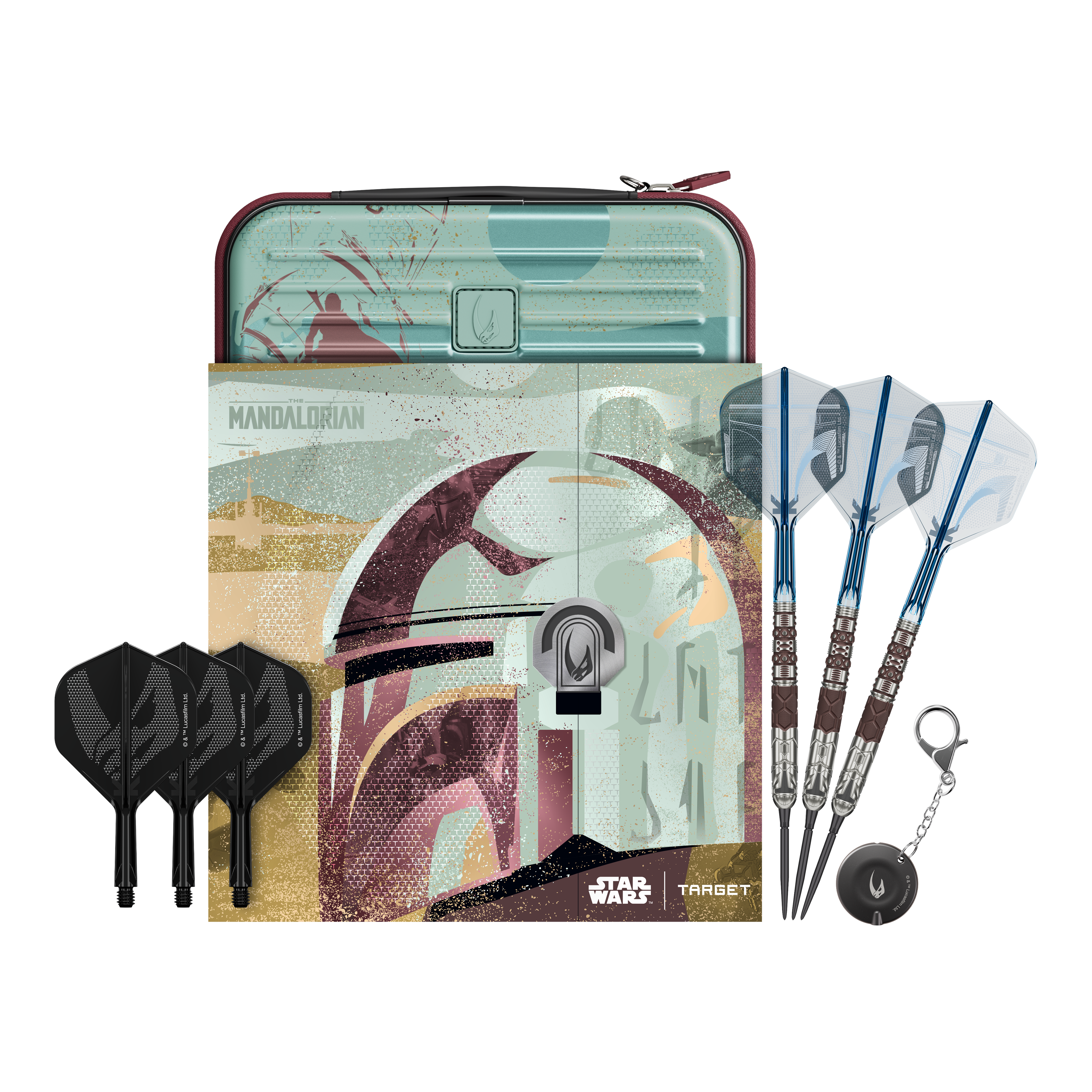 Rzutki stalowe Target Star Wars Mandalorian 95 Swiss Point Abgebildet sind Target Star Wars Mandalorian 95 Swiss Point Steeldarts. Diese Darts haben ein einzigartiges Mandalorian-Design.
