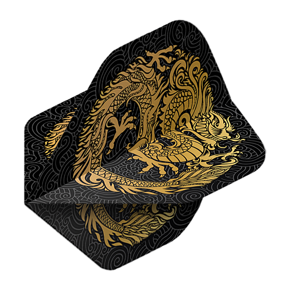 Pentathlon Flights Dragon czarny Auf dem Bild ist ein Pentathlon Dragon 2 Standard Flight zu sehen. Das Flight ist schwarz und mit einem goldenen Drachen verziert.