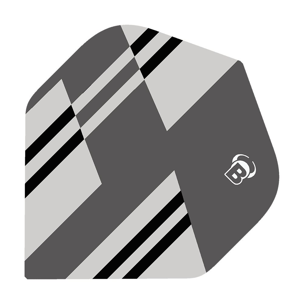 Bulls B-Star Tac No2 Standard Flights Das Bild zeigt das Produkt "Bulls B-Star Tac No2 Standard Flights". Das Flight ist grau mit schwarzen und weißen Streifen und hat ein modernes, geometrisches Design.