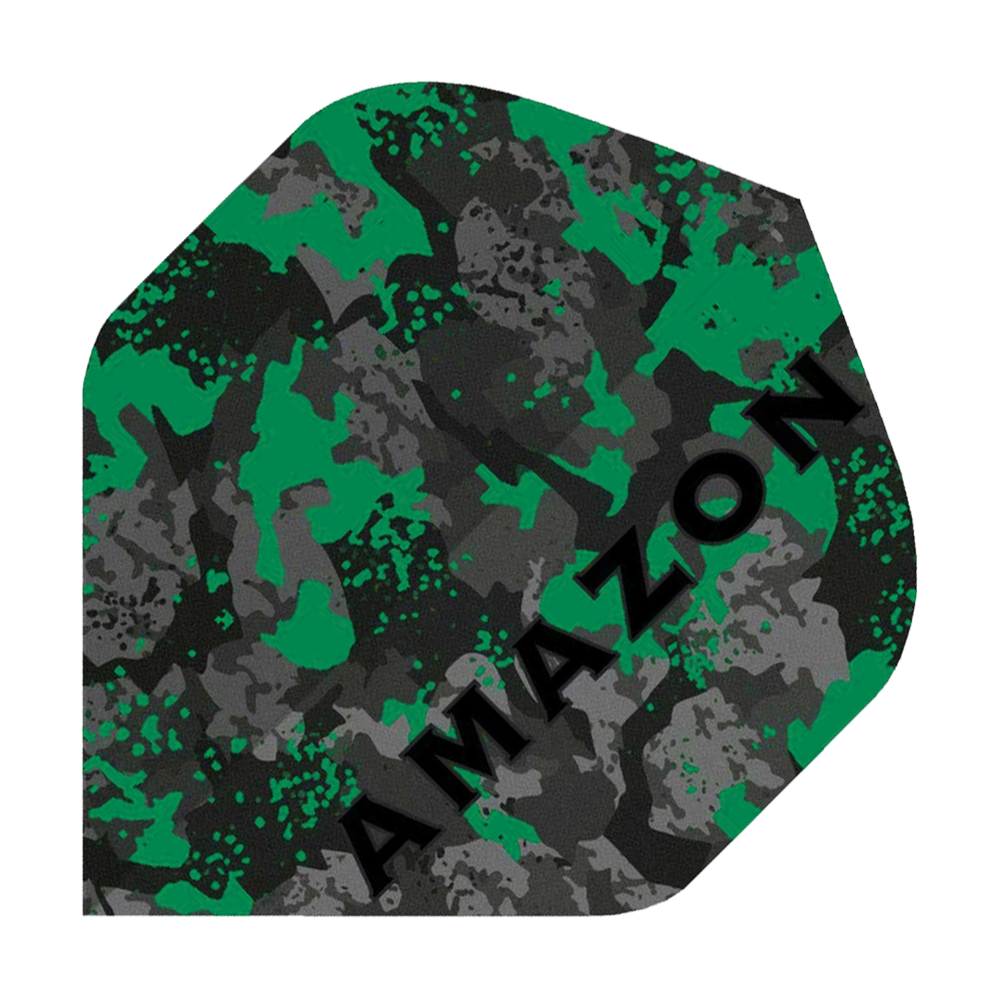 A18_Amazon_Camo_Standard_Flights_Gr-n_1 Das Bild zeigt ein Dart-Flight mit grünem und grauem Tarnmuster. Auf dem Flight steht schräg das Wort "AMAZON".