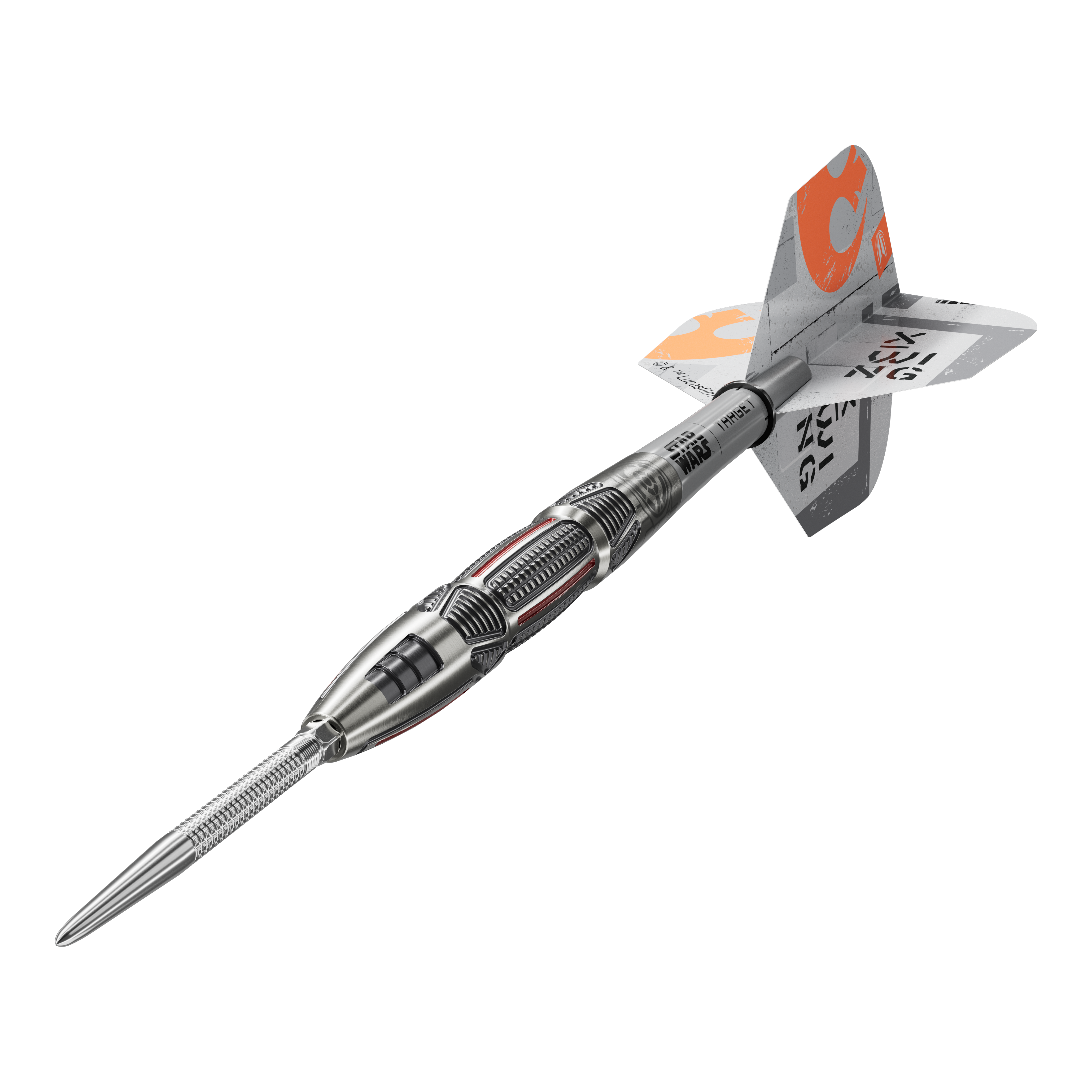 Stalowe lotki Swiss Point firmy Target Star Wars X-Wing Target Star Wars X-Wing Swiss Point Steeldarts sind hochwertige Steeldarts mit X-Wing-Design. Das Bild zeigt die Darts aus einer Detailperspektive.