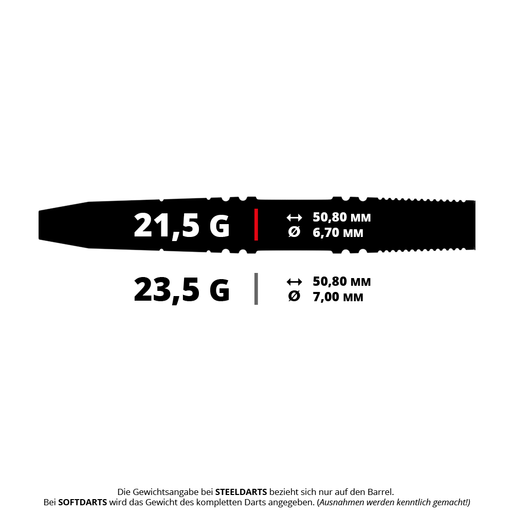 Das Bild zeigt ein Set von roten Steeldarts aus Tungsten. Es handelt sich um die GD7000720 GOAT Athlete Red Tungsten Steeldarts mit 21,5g.