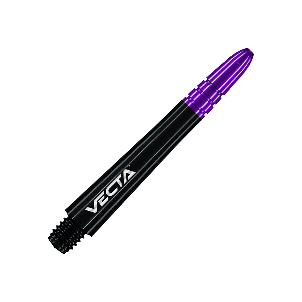 Dieser Dart-Schaft ist schwarz mit einem violetten oberen Ende. Auf dem Schaft steht das Wort "VECTA".