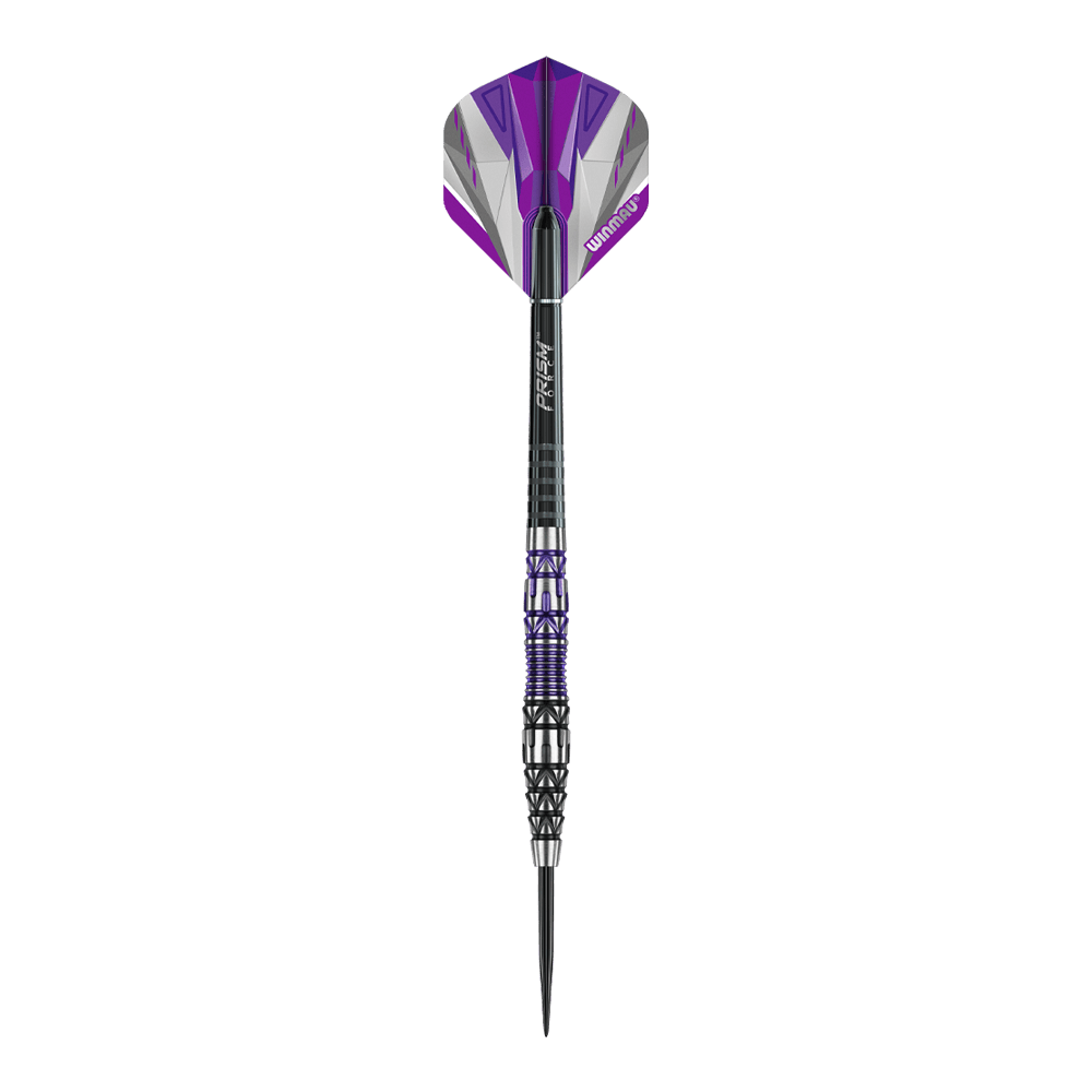 Lotki stalowe Winmau Simon Whitlock Special Edition 2020 Das Bild zeigt den Winmau Simon Whitlock Special Edition 2020 Steeldart. Der Dart hat ein auffälliges Design mit lila, schwarzen und silbernen Akzenten.