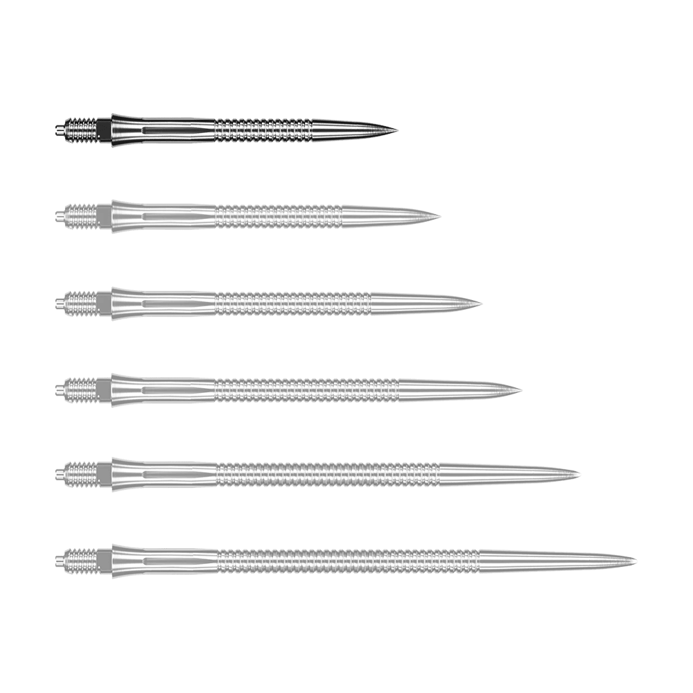 Końcówki do lotek Caliburn EZ-EVO – rowkowane – srebrne Das Bild zeigt eine silberne Dartspitze mit Rillen. Die Dartspitze ist 28 mm lang.