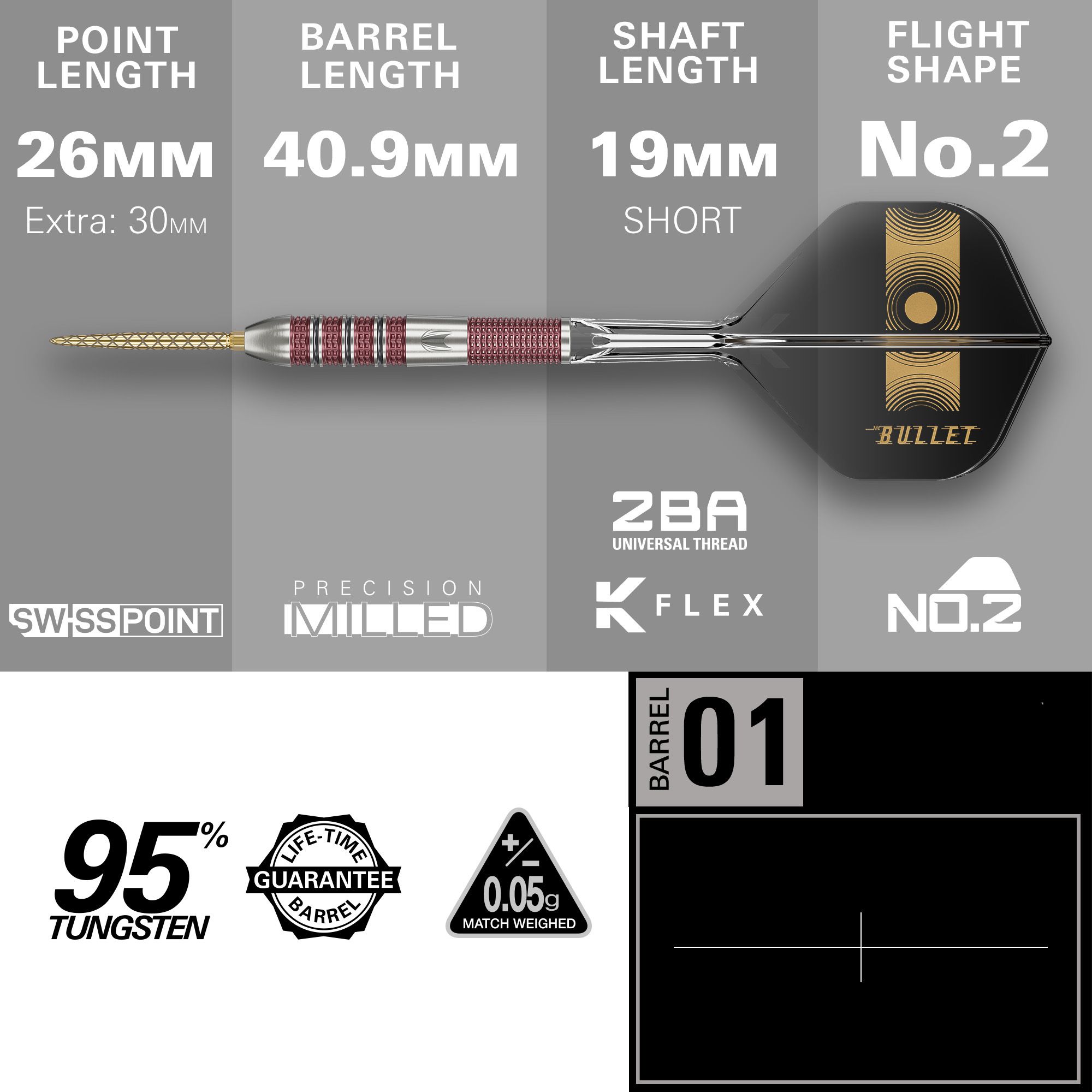 Target Stephen Bunting 95K Swiss Point Steeldarts Das Bild zeigt die technischen Daten des Produkts „Target Stephen Bunting 95K Swiss Point Steeldarts“. Es werden Längen der Spitze, des Barrels und des Schafts sowie das Flugdesign und das Material (95% Wolfram) hervorgehoben.