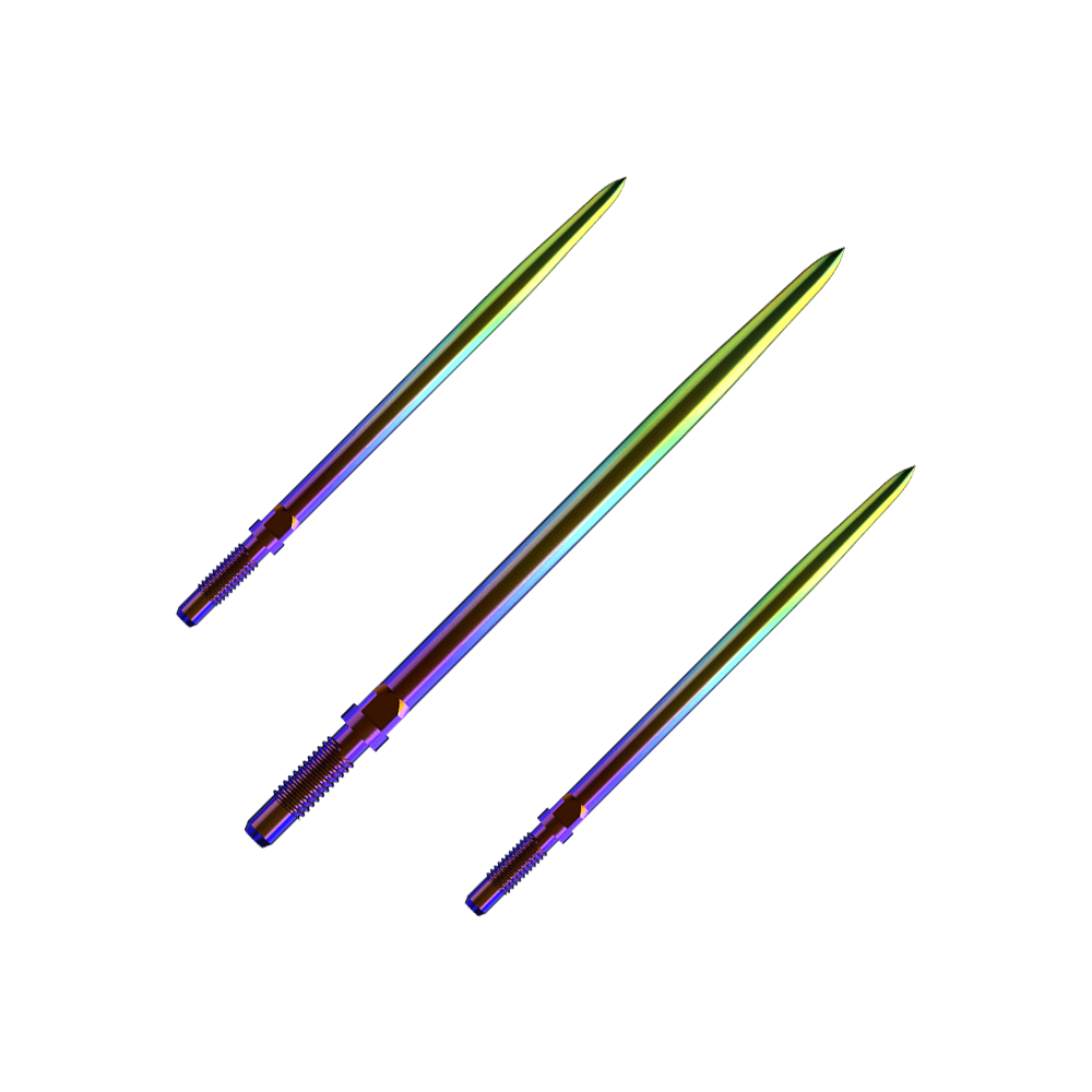 Końcówki do rzutek Bulls NL Convertible Point – gładkie – tęczowe Ein Bild mit dem Dateinamen BU57716_BullsNL_Convertible_Points_Smooth_Rainbow_36mm_1Set. Es zeigt wahrscheinlich ein Set von Dartspitzen in Regenbogenfarben.
