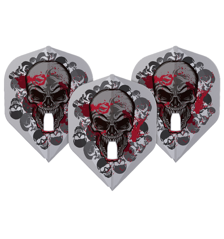 Auf dem Bild sind drei Dartflights mit einem auffälligen Totenkopf-Design in dunklen und roten Farben zu sehen. Es handelt sich um die L-Style Ryan Searle V2 Clear White Signature Champagne L1PRO Flights.
