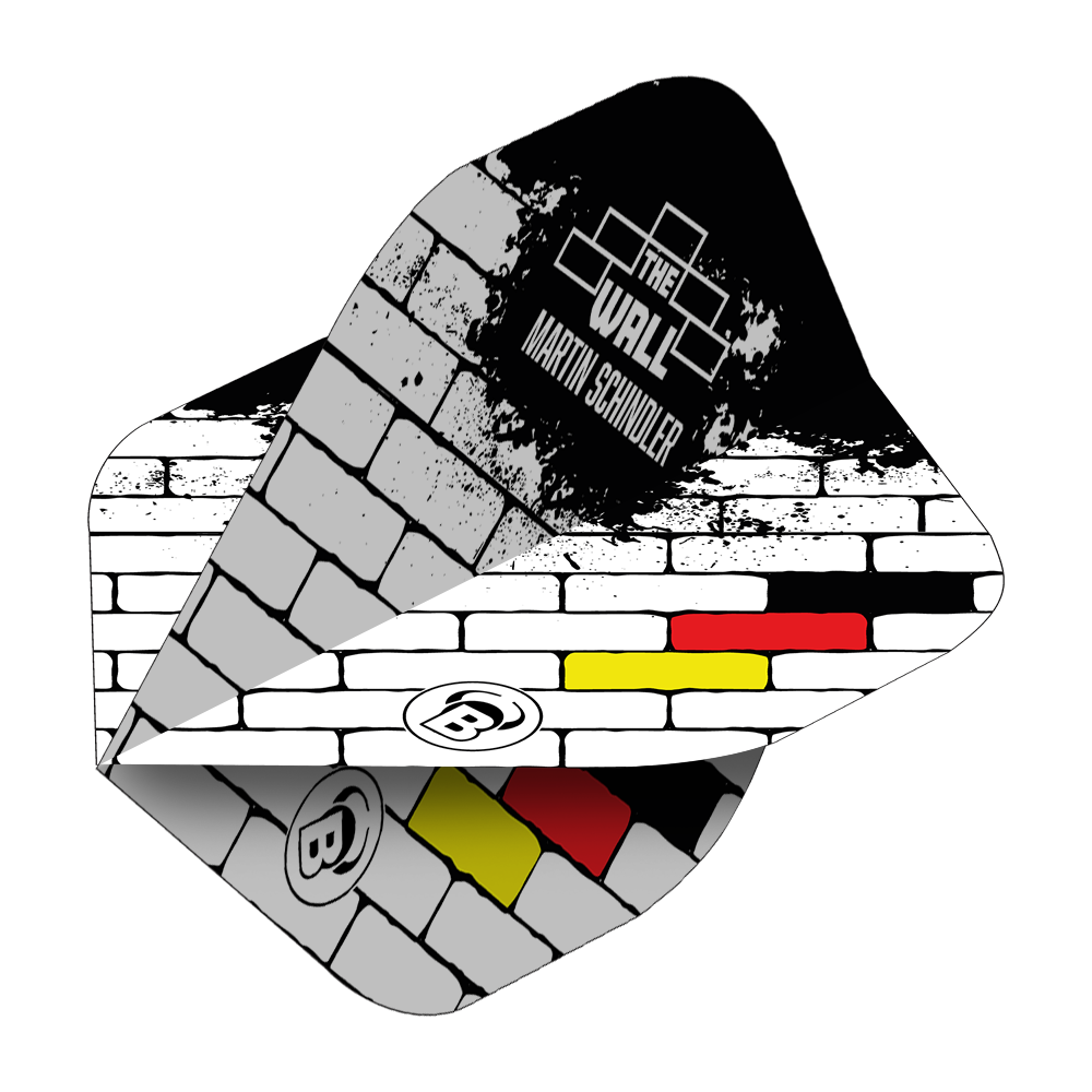 Das Bild zeigt die Bulls B-Star Martin Schindler White No2 Standard Flights. Das Design erinnert an eine weiße Backsteinmauer mit den Farben der deutschen Flagge und dem Text "The Wall Martin Schindler".