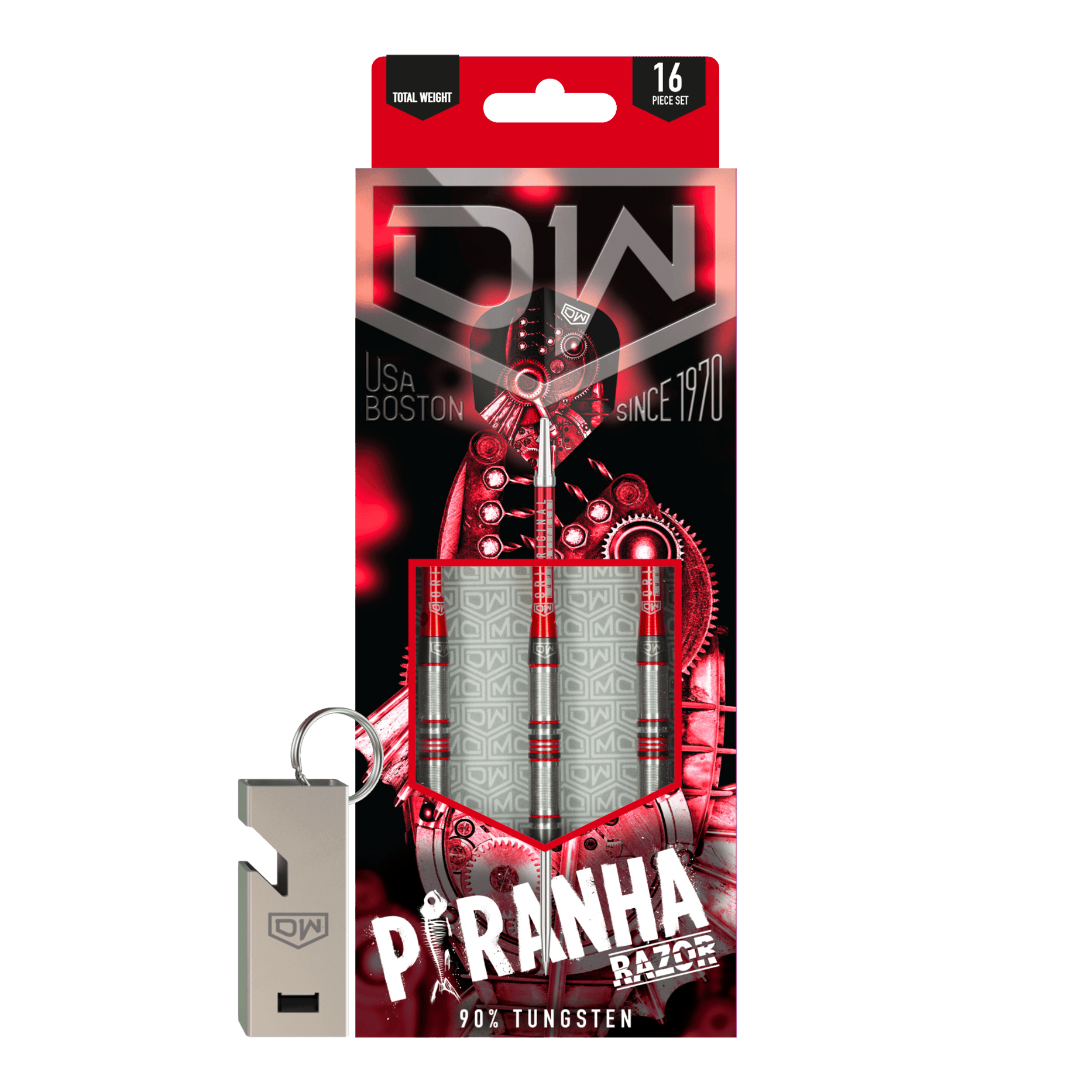 Stalowe lotki DW Piranha Razor 01 Das Bild zeigt die Verpackung der "DW Piranha Razor 01 Steeldarts". In der Packung sind drei Darts aus 90% Tungsten und ein silberner Schlüsselanhänger enthalten.