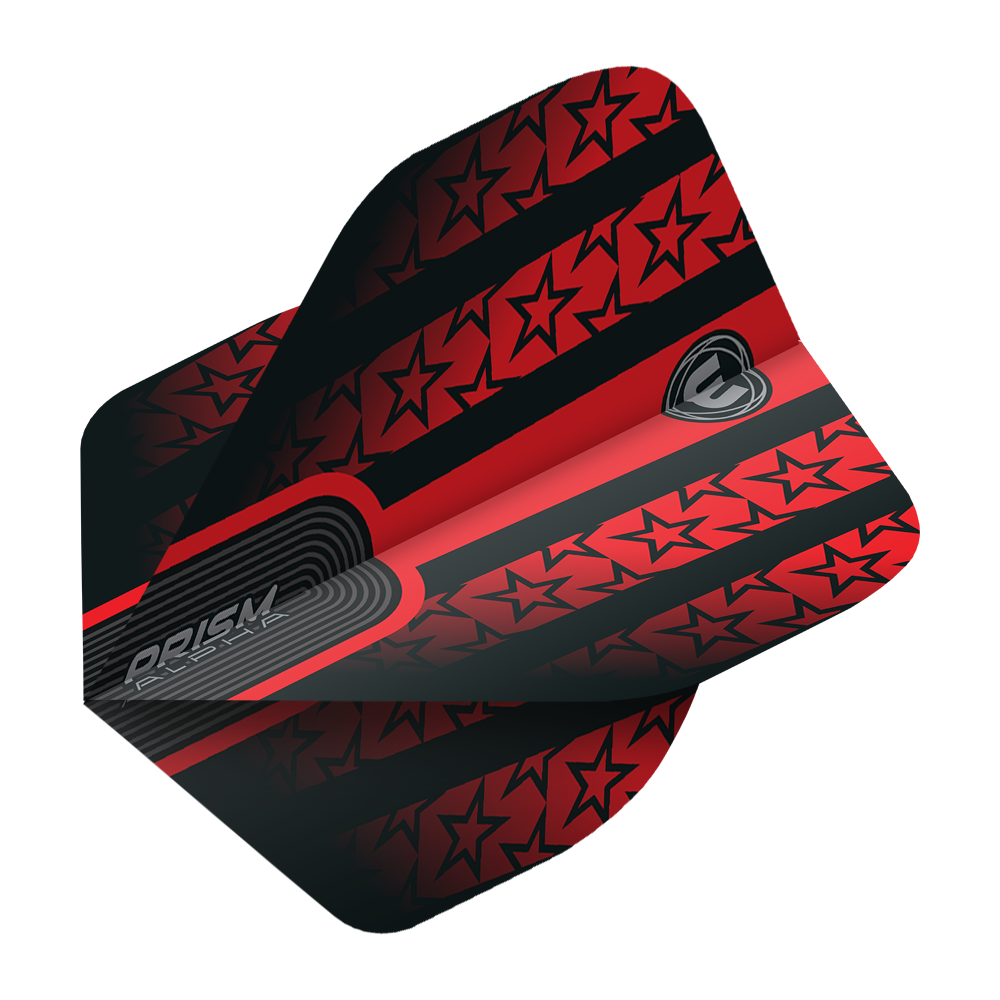 6915-178_Winmau_Prism_Alpha_6915-178_Standard_Flights_2 Das Bild zeigt das Produkt "Winmau Prism Alpha 6915.178 Standard Flights". Die Flights sind rot-schwarz gestaltet und mit Sternmustern verziert.