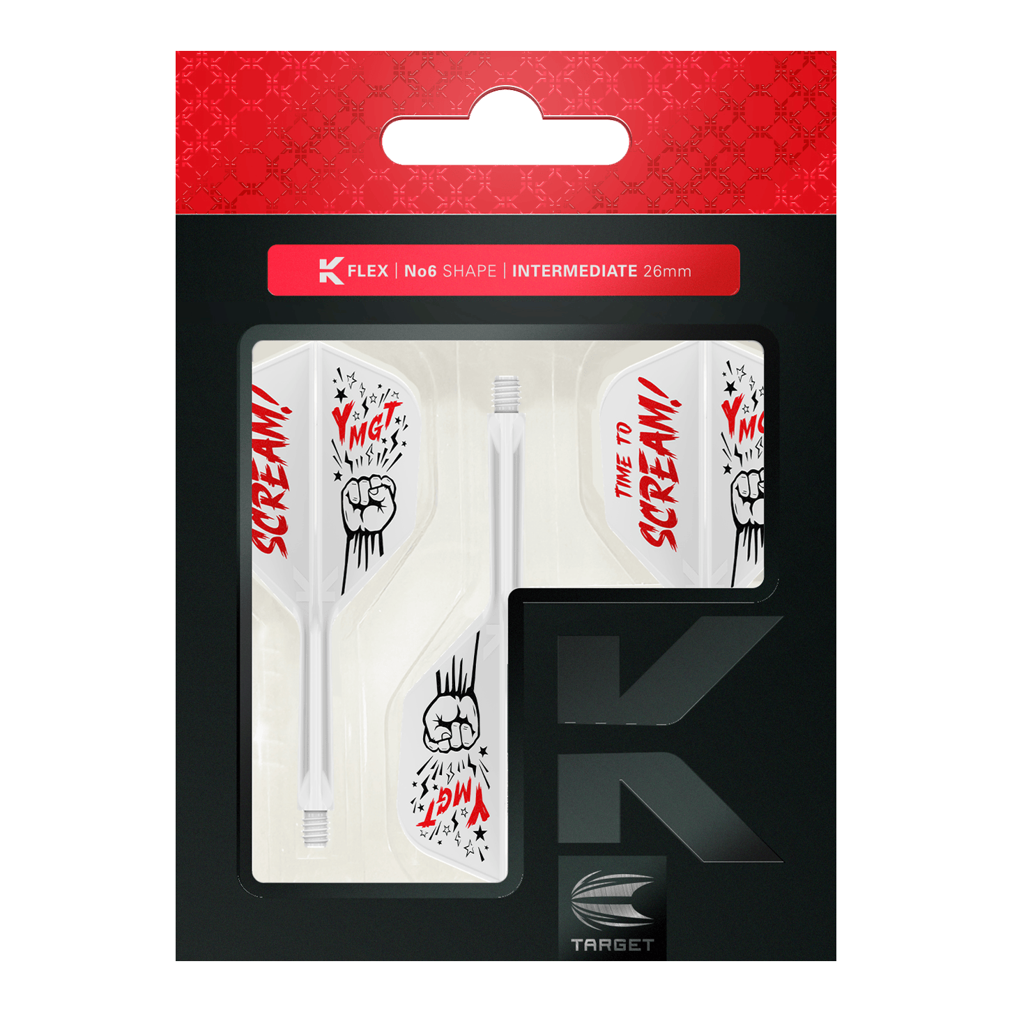 Target Japan K-Flex Scream No6 System wału lotniczego Das Bild zeigt das Produkt „Target Japan K-Flex Scream No6 Flight-Shaft-System“ in seiner Verpackung. Die Flights sind weiß mit roten und schwarzen Grafiken und dem Schriftzug „TIME TO SCREAM!“.