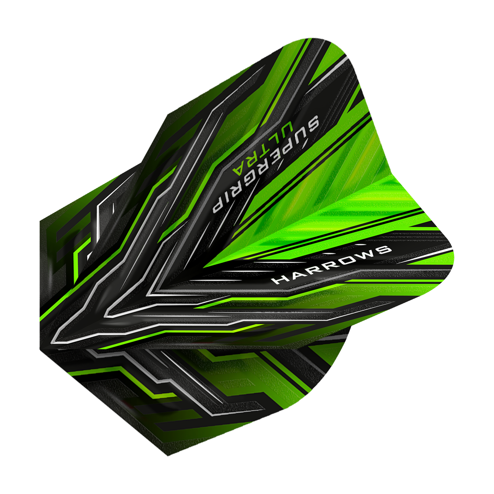 HR11_Harrows_Supergrip_Ultra_Green_Standard_Flights_2 Das Bild zeigt die Harrows Supergrip Ultra Green Standard Flights. Sie sind überwiegend grün und schwarz mit einem modernen, auffälligen Design.