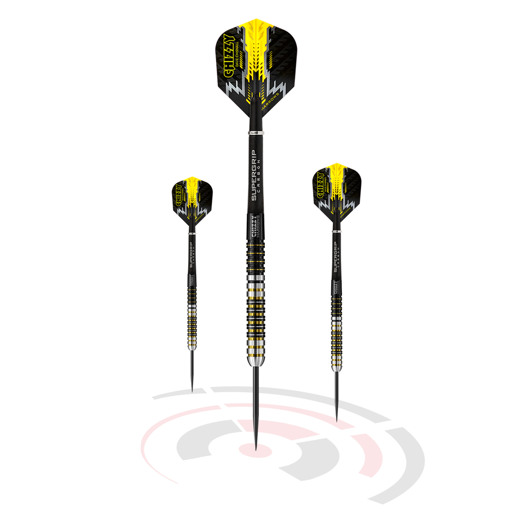 HAXXXXX_Harrows_Chizzy_Steeldarts_1oKFgsNxkpKTqb Das Bild zeigt drei Steeldarts mit schwarzen und gelben Flights, auf denen "CHIZZY" steht. Die Darts stehen aufrecht über einem stilisierten Ziel mit roten und schwarzen Kreisen.