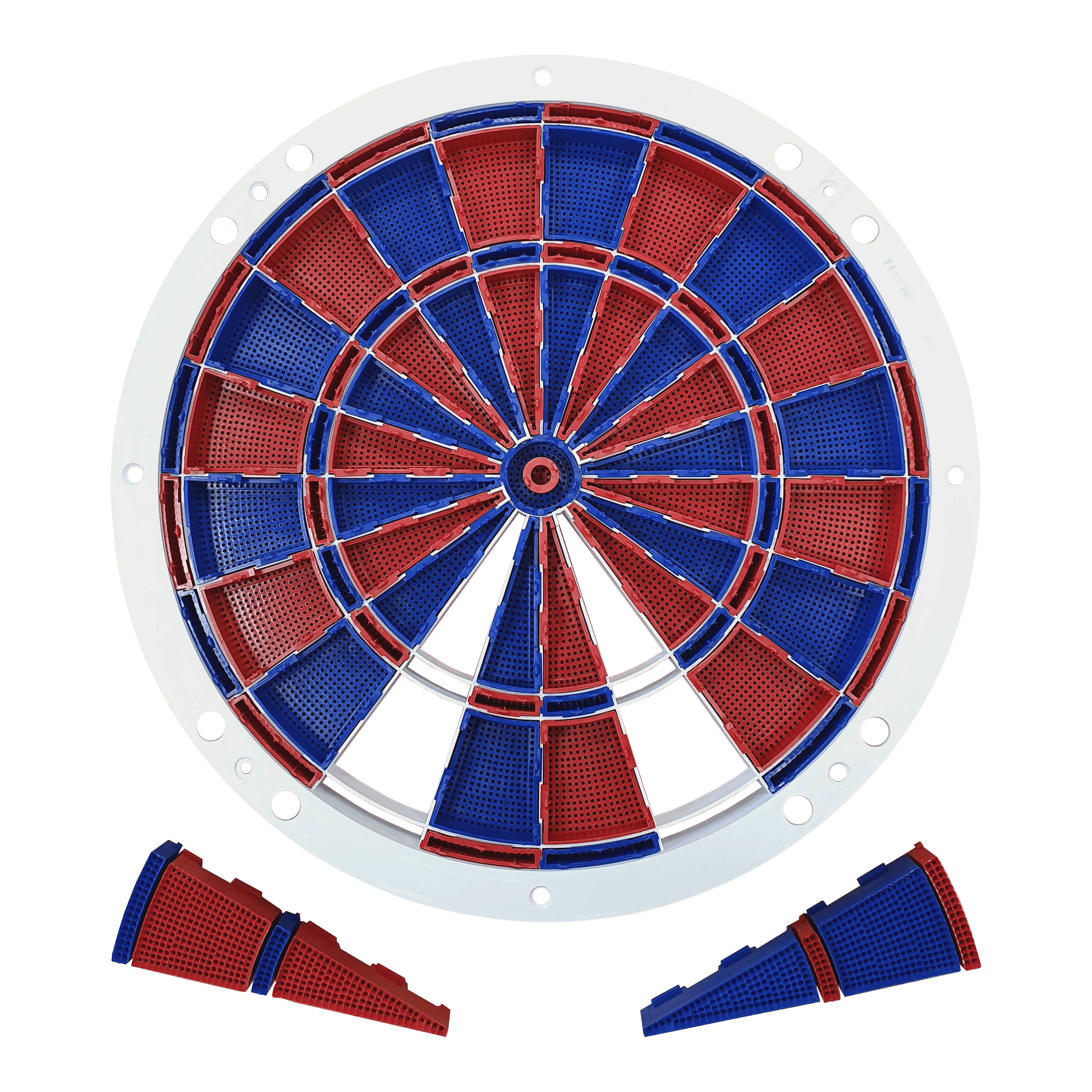 Części zamienne Löwen Dart 82 segmenty i zestaw pająków Auf dem Bild ist ein Ersatzteil-Set für eine elektronische Dartscheibe zu sehen. Die Segmente sind abwechselnd rot und blau gefärbt und werden von einem weißen Rahmen gehalten.