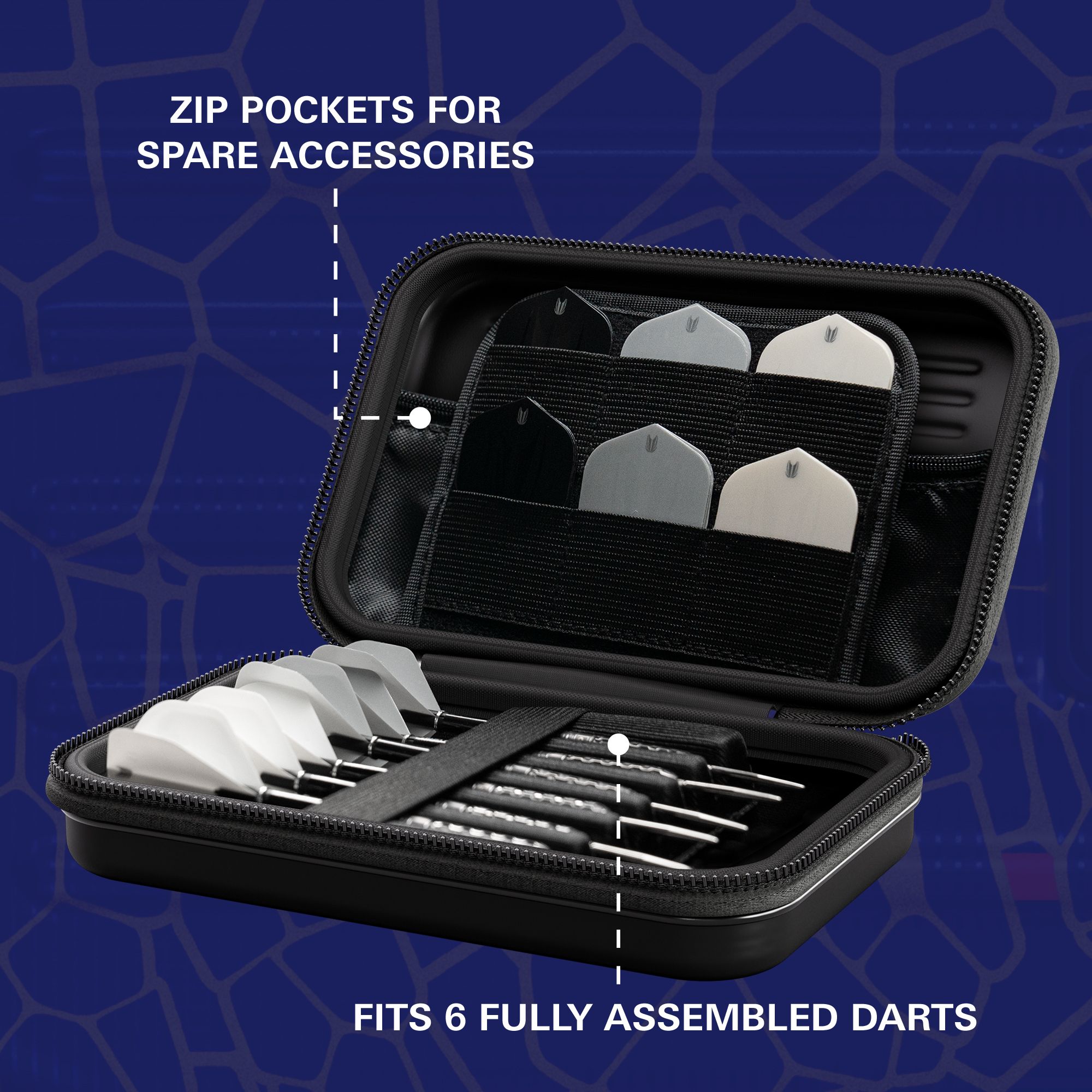 Etui na lotki Target Takoma Josh Rock XL Das Bild zeigt das Produkt "Target Takoma Josh Rock XL Dartcase". Es bietet Platz für sechs vollständig montierte Darts und hat Reißverschlusstaschen für Ersatz-Zubehör.