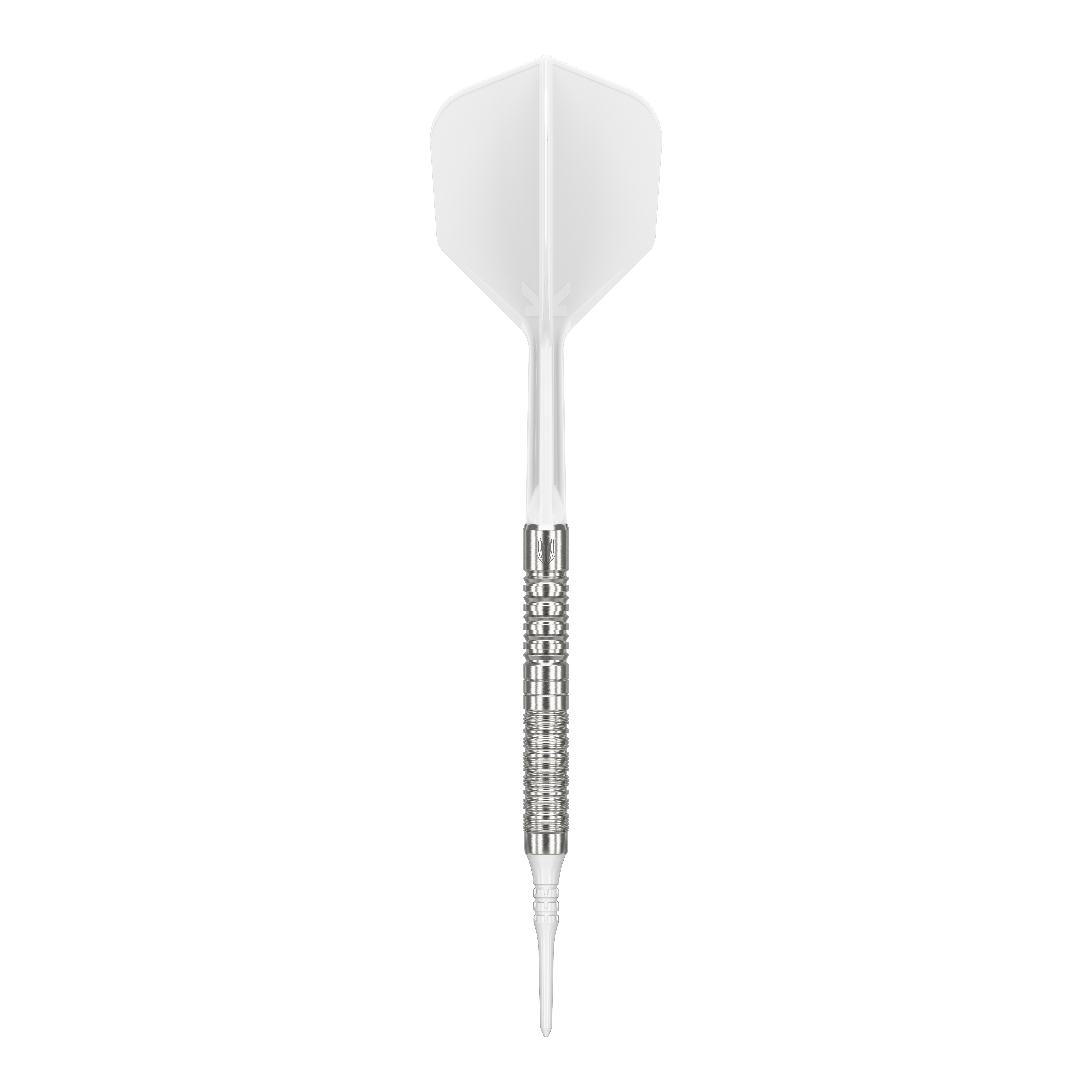 Target Japan Crux Honor Soft Darts - 18,5 g Das Bild zeigt einen Softdart namens "Target Japan Crux Honor Softdarts - 18,5g". Der Dart hat eine weiße Spitze, einen silbernen Schaft und weiße Flights.