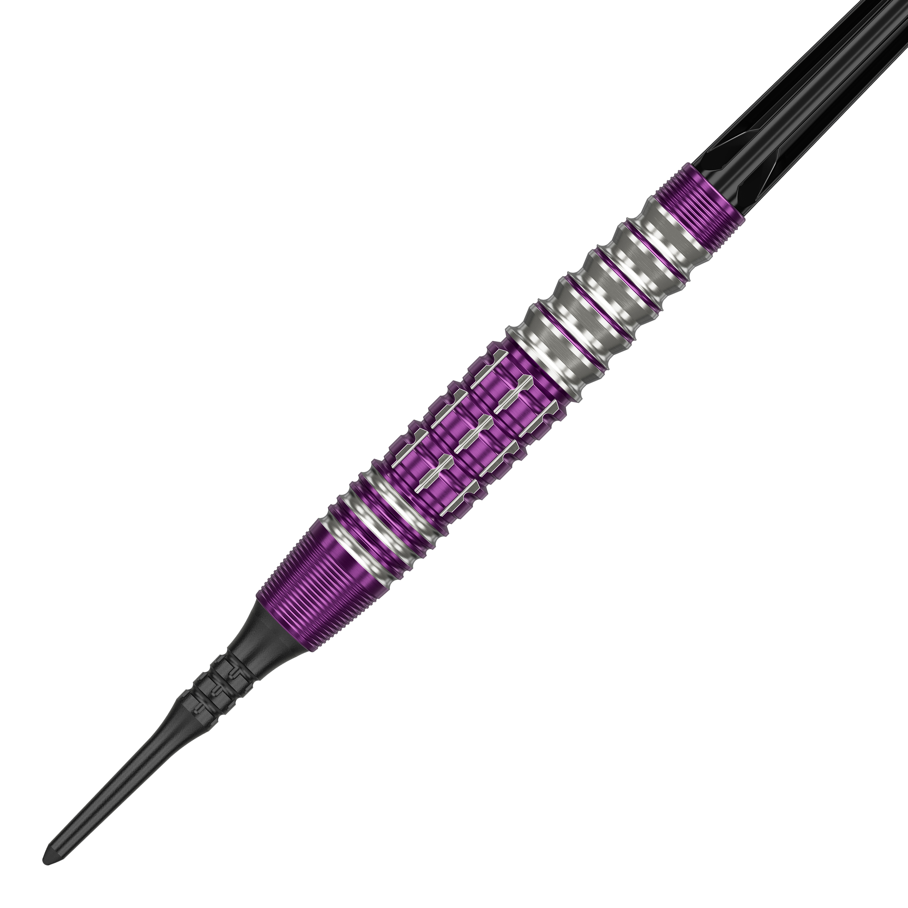 Das Bild zeigt einen Softdart aus der Serie 'Target Japan Prime Series Tung Suk Zenith GEN1' mit einem Gewicht von 19 Gramm. Der Dart hat ein auffälliges Design mit lila und silbernen Akzenten.