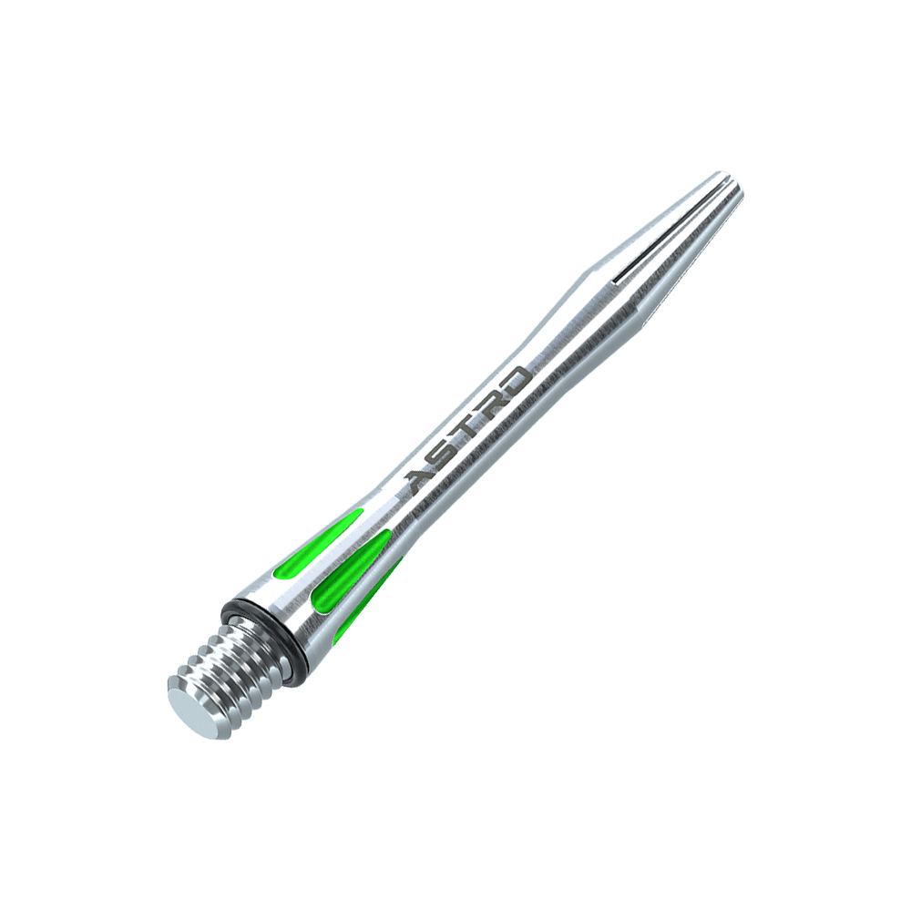 Dies ist ein silberner Aluminiumschaft für Dartpfeile mit grünen Akzenten. Auf dem Schaft steht das Wort "ASTRO".