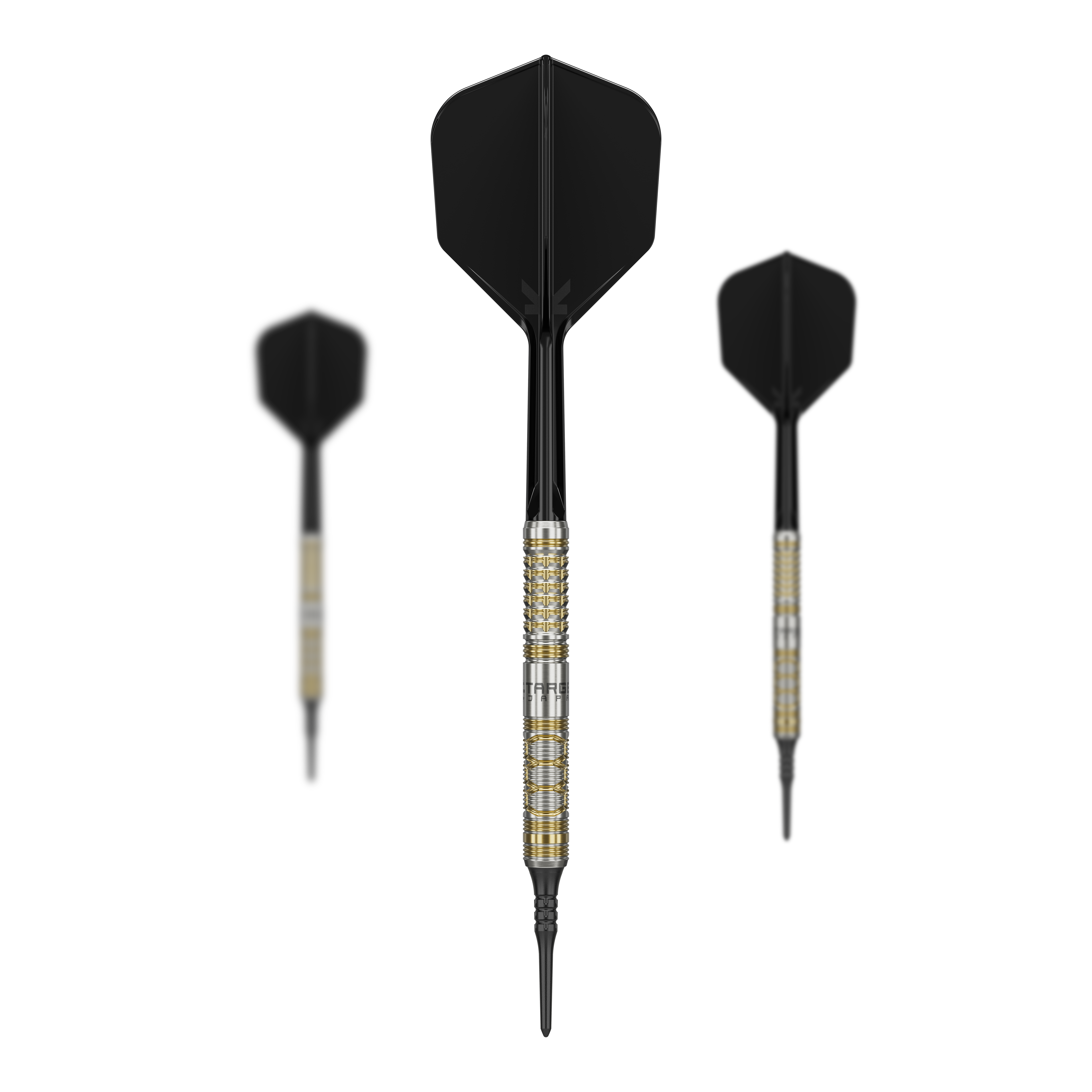 Target Japan Black Marque Reyn GEN2 Soft Darts - 17,5 g Das Bild zeigt drei Softdarts des Modells "Target Japan Black Marque Reyn GEN2" mit einem Gewicht von 17,5g. Die Darts haben schwarze Flights und einen metallisch gold-silbernen Schaft.