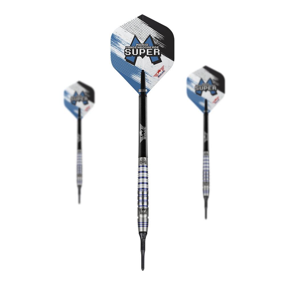 Bulls NL Mario Vandenbogaerde 90% Miękkie lotki - 20g Auf dem Bild sind drei Softdarts des Modells "Bulls NL Mario Vandenbogaerde 90% Softdarts - 20g" zu sehen. Die Darts haben silberne und blaue Akzente mit dem Namen des Spielers auf den Flights.