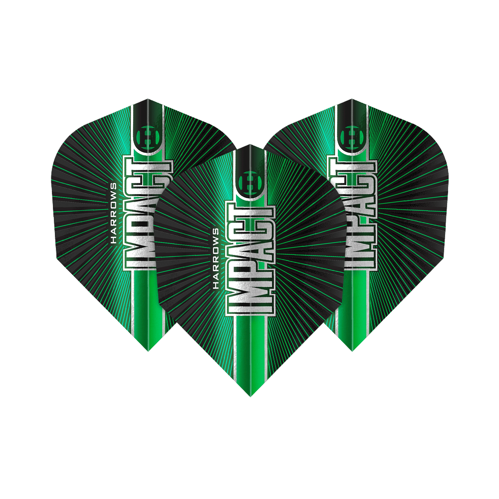 Gezeigt werden die Harrows Impact No6 Flights. Dieses Produkt sind spezielle Flights für Darts mit besonderer Stabilität.