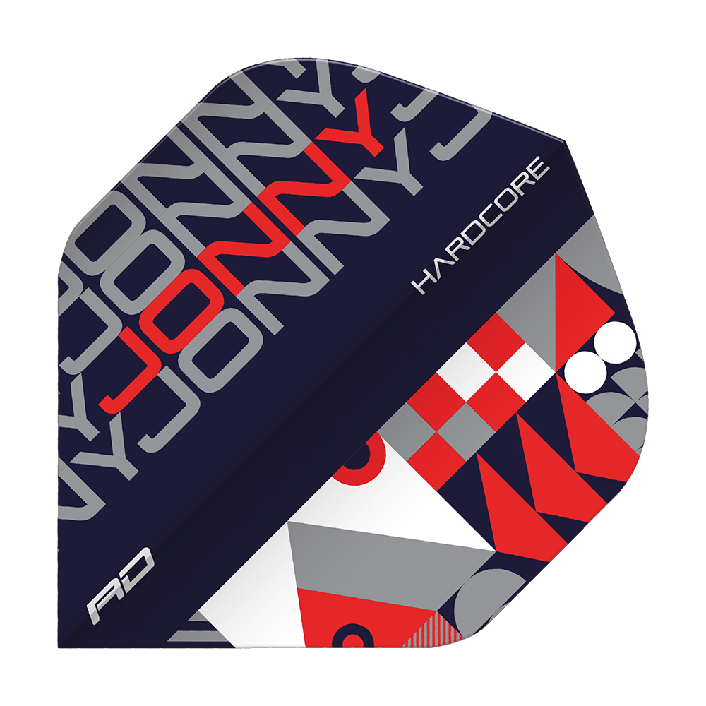 Das Bild zeigt ein Dartflight mit dem Namen "Red Dragon Hardcore Jonny Black Red Standard Flights". Das Design ist in Schwarz, Rot, Grau und Weiß gehalten und enthält den Schriftzug "JONNY" sowie geometrische Muster.