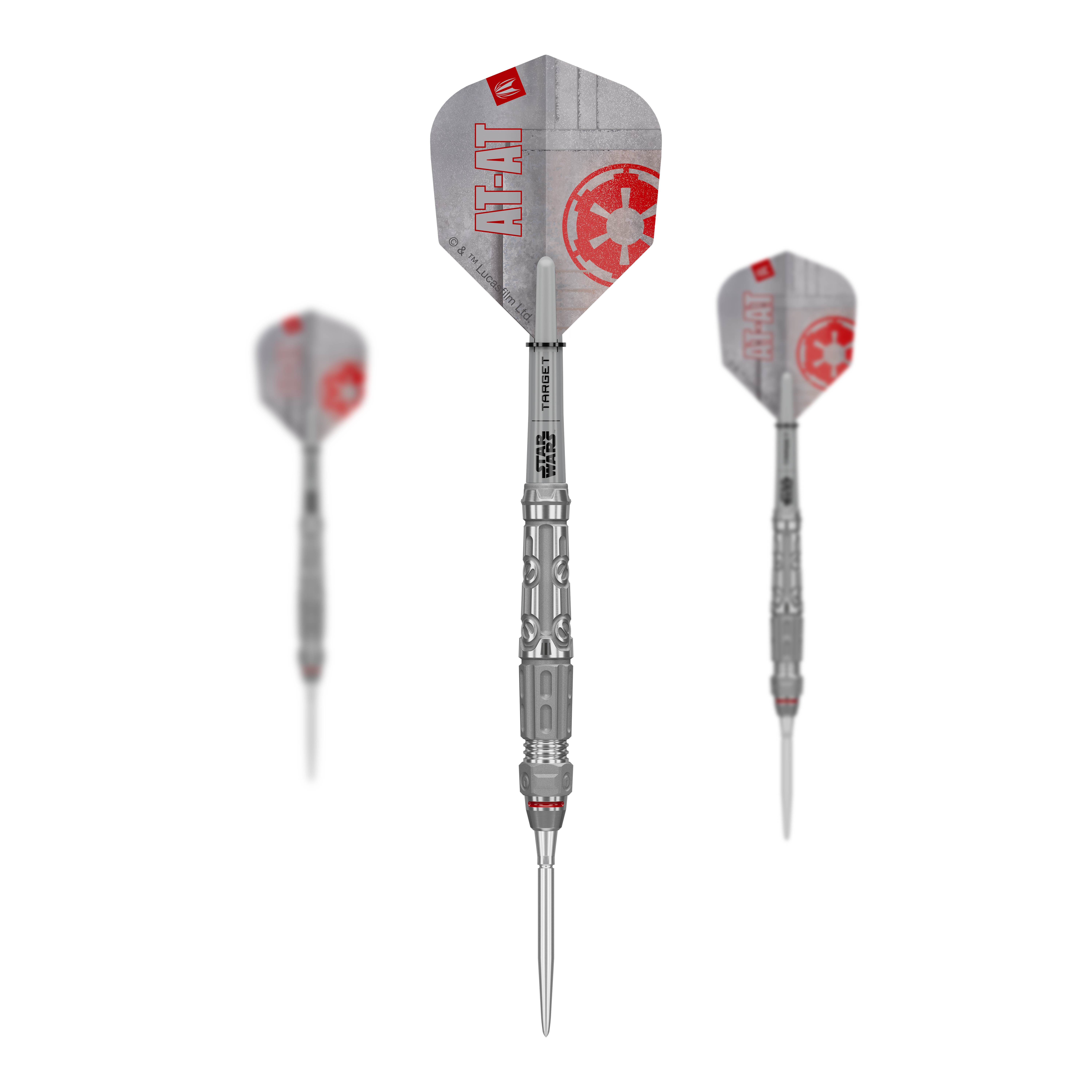 Stalowe rzutki Target Star Wars AT-AT Swiss Point Auf dem Bild ist das Produkt Target Star Wars AT-AT Swiss Point Steeldarts im Set zu sehen. Es zeigt die Zusammenstellung der Dartpfeile in ihrer Verpackung.