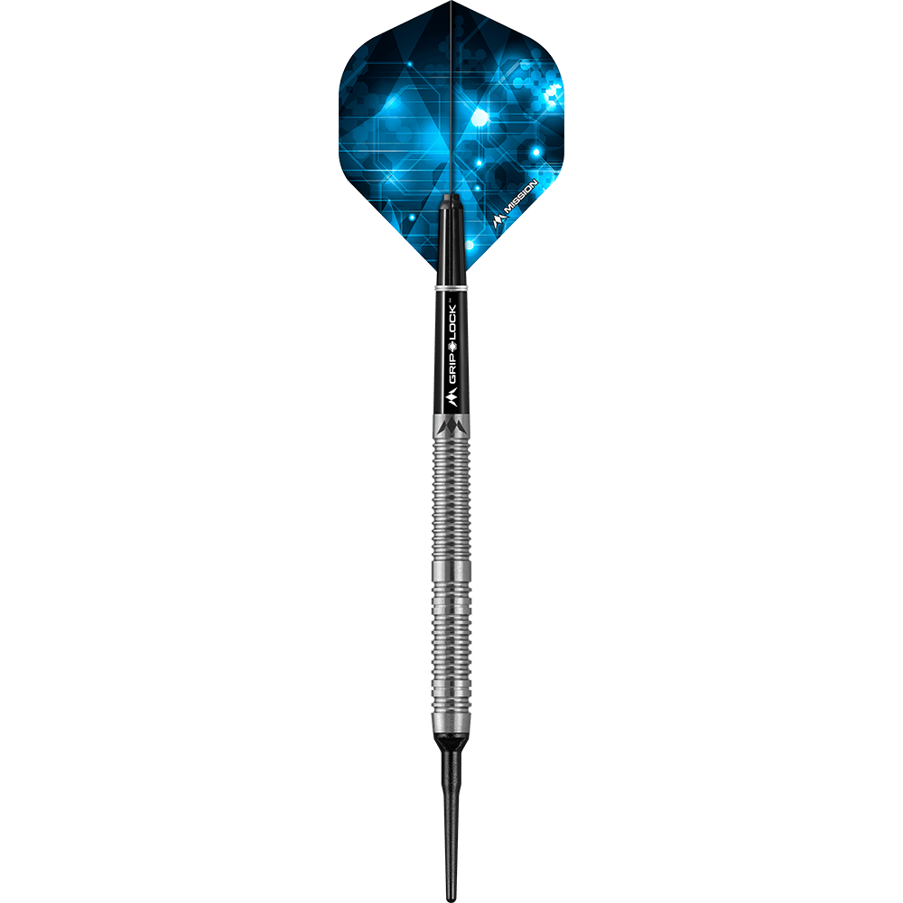 Auf dem Bild ist ein Mission Octane Model 1 Softdart mit einem Gewicht von 20 Gramm zu sehen. Der Dart hat eine silberne, gerillte Barrel und einen blauen Flight mit modernem Muster.