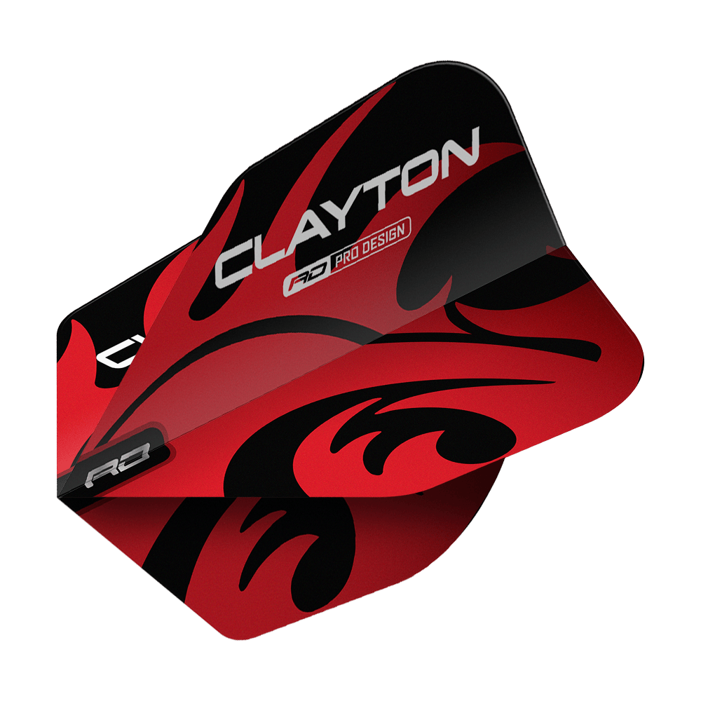 Czerwony Smok Jonny Clayton Red Black No6 Flights Das Bild zeigt ein Dart-Flight mit dem Produktnamen "Red Dragon Jonny Clayton Red Black No6 Flights". Das Flight ist rot und schwarz gestaltet und trägt den Schriftzug „CLAYTON“.