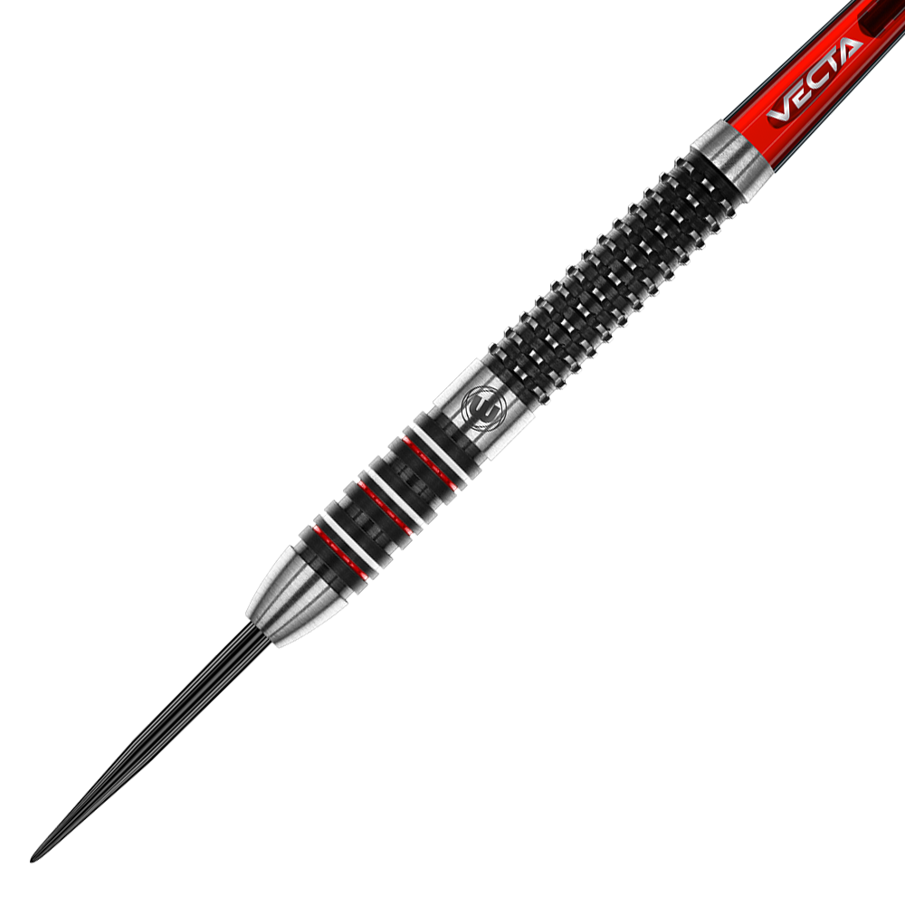 1491_Winmau_Florian_Hempel_Steeldarts_2 Dies ist ein Steeldart mit einer Metallspitze und einem strukturierten Griffbereich. Der Schaft ist überwiegend schwarz und silber mit roten Akzenten und der Aufschrift „VECTA“.
