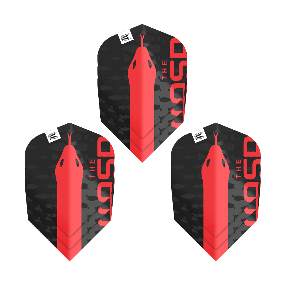 Target Pro Ultra Nathan Aspinall No6 Loty - 3 Zestawy Das Bild zeigt drei Sets der Target Pro Ultra Nathan Aspinall No6 Flights. Die Flights sind schwarz mit einem roten Schlangenmuster und dem Schriftzug "THE ASP".