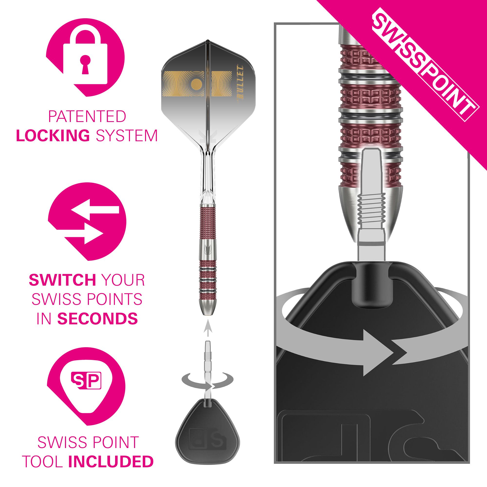 Target Stephen Bunting 95K Swiss Point Steeldarts Das Bild zeigt die Target Stephen Bunting 95K Swiss Point Steeldarts mit einem patentierten Verriegelungssystem. Mit dem beiliegenden Swiss Point Tool lassen sich die Spitzen in wenigen Sekunden wechseln.