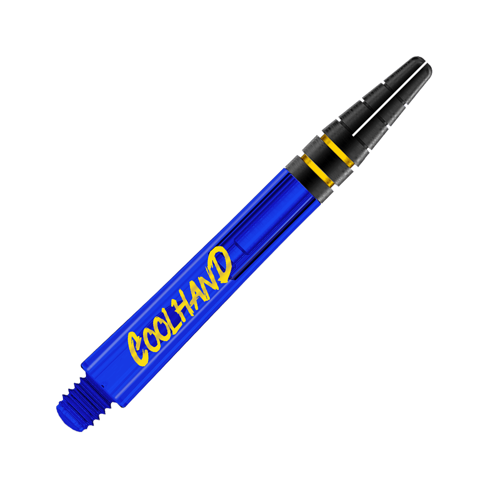 Red Dragon Nitrotech Luke Humphries Coolhand Shafts - Niebieski Das Bild zeigt einen blauen Dart-Schaft mit der gelben Aufschrift "COOLHAND". Der obere Teil des Schafts ist schwarz mit zwei goldenen Ringen.