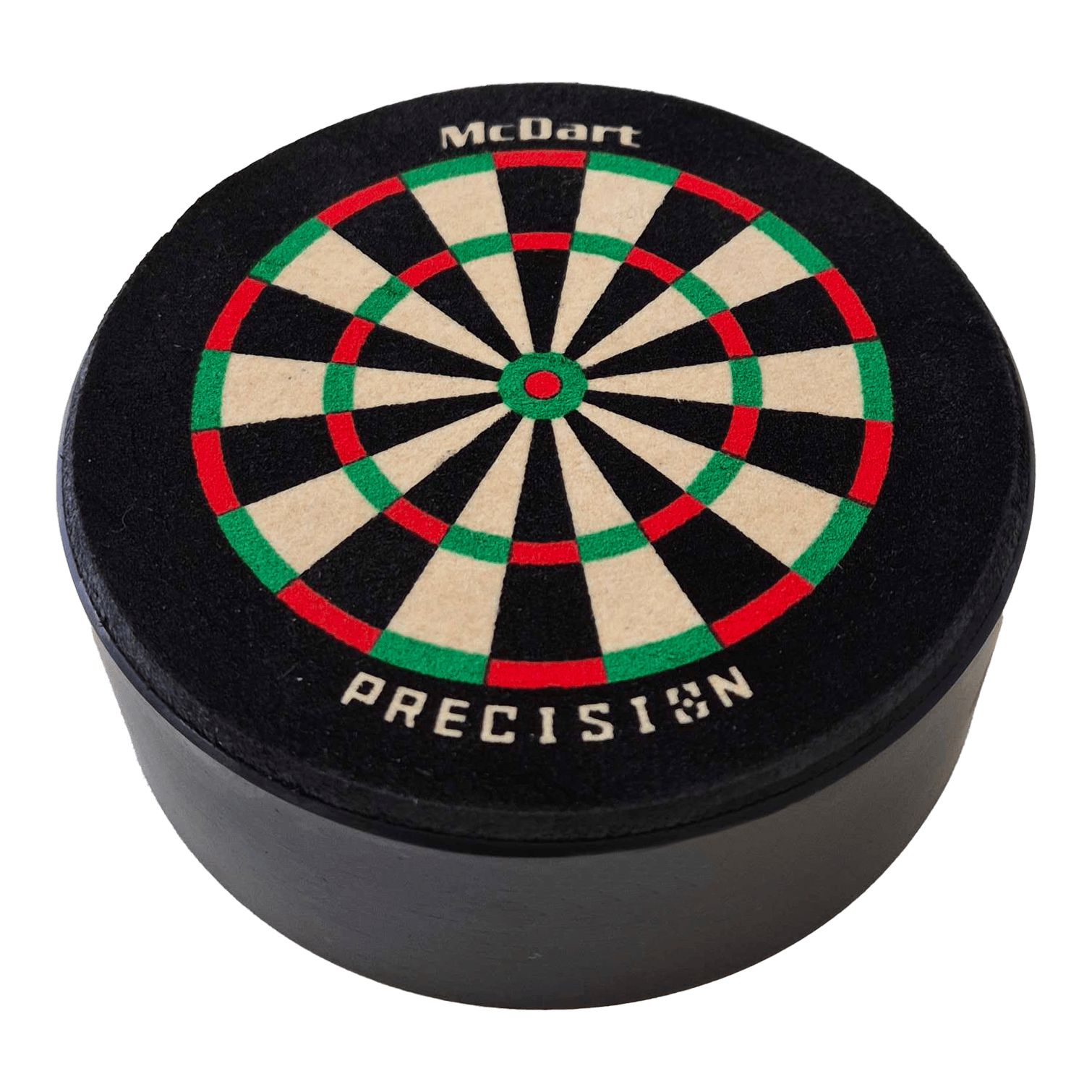 Das Bild zeigt die McDart Precision Mini Dartboard Darthalter. Es ist eine kleine, runde Dartscheibe mit farbigen Segmenten und dem Schriftzug "McDart Precision" darauf.