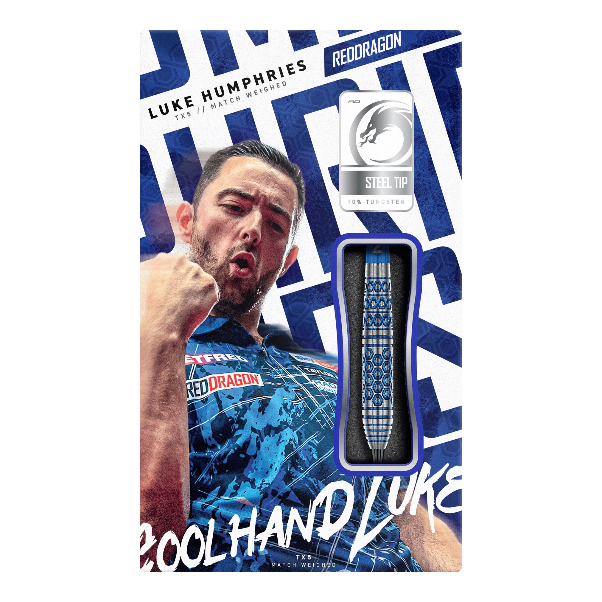 Stalowe lotki Red Dragon Luke Humphries TX5 Gezeigt werden die Red Dragon Luke Humphries TX5 Steeldarts. Das Foto stellt die Steeldarts aus einer weiteren Perspektive dar.