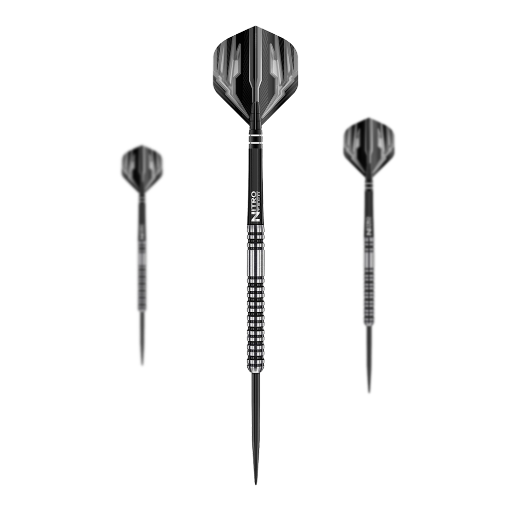 Red Dragon Dragonfly 3 stalowe rzutki Das Bild zeigt drei Steeldarts des Modells "Red Dragon Dragonfly 3". Die Darts haben ein schwarz-silbernes Design mit strukturiertem Griff.