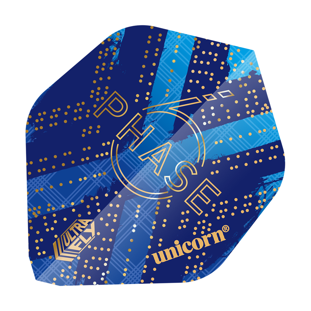 69453_Unicorn_World_Champion_Gary_Anderson_Phase_6_AR1_Flights_1 Das Bild zeigt ein Dart-Flight mit einem blauen Design und goldenen Punkten. Auf dem Flight stehen die Wörter "PHASE", "ULTRA FLY" und "unicorn".