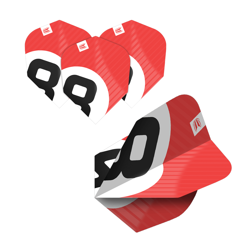 337205_Target_ProUltra_5Sets_Multipack_Chicane_No6_Flights_3d5hRqCNBEAbBb Das Bild zeigt fünf Sets der Target Pro Ultra Chicane Multipack No6 Flights. Die Flights sind rot, weiß und schwarz mit einer markanten Nummer und Logo gestaltet.