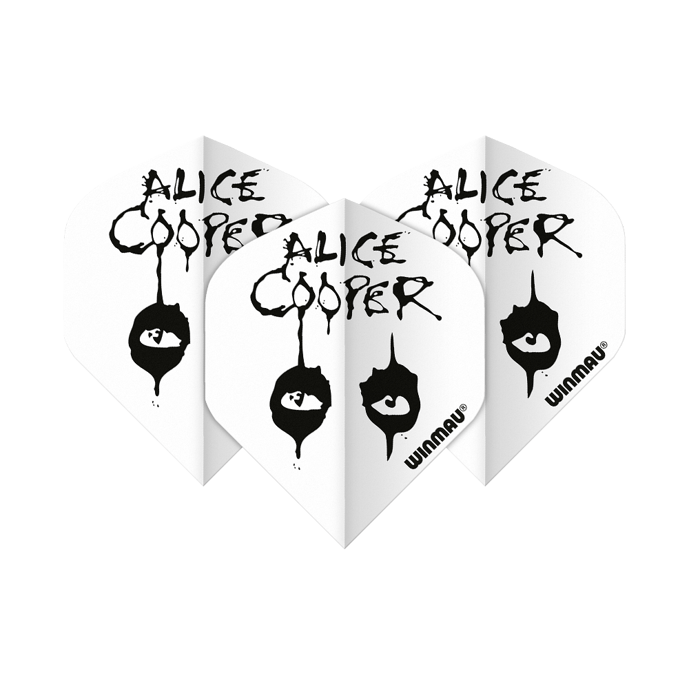 Das Bild zeigt drei Dartflights mit dem Aufdruck „Alice Cooper“ und einem schwarzen Auge-Motiv. Die Flights sind in Weiß gehalten und tragen unten das Winmau-Logo.