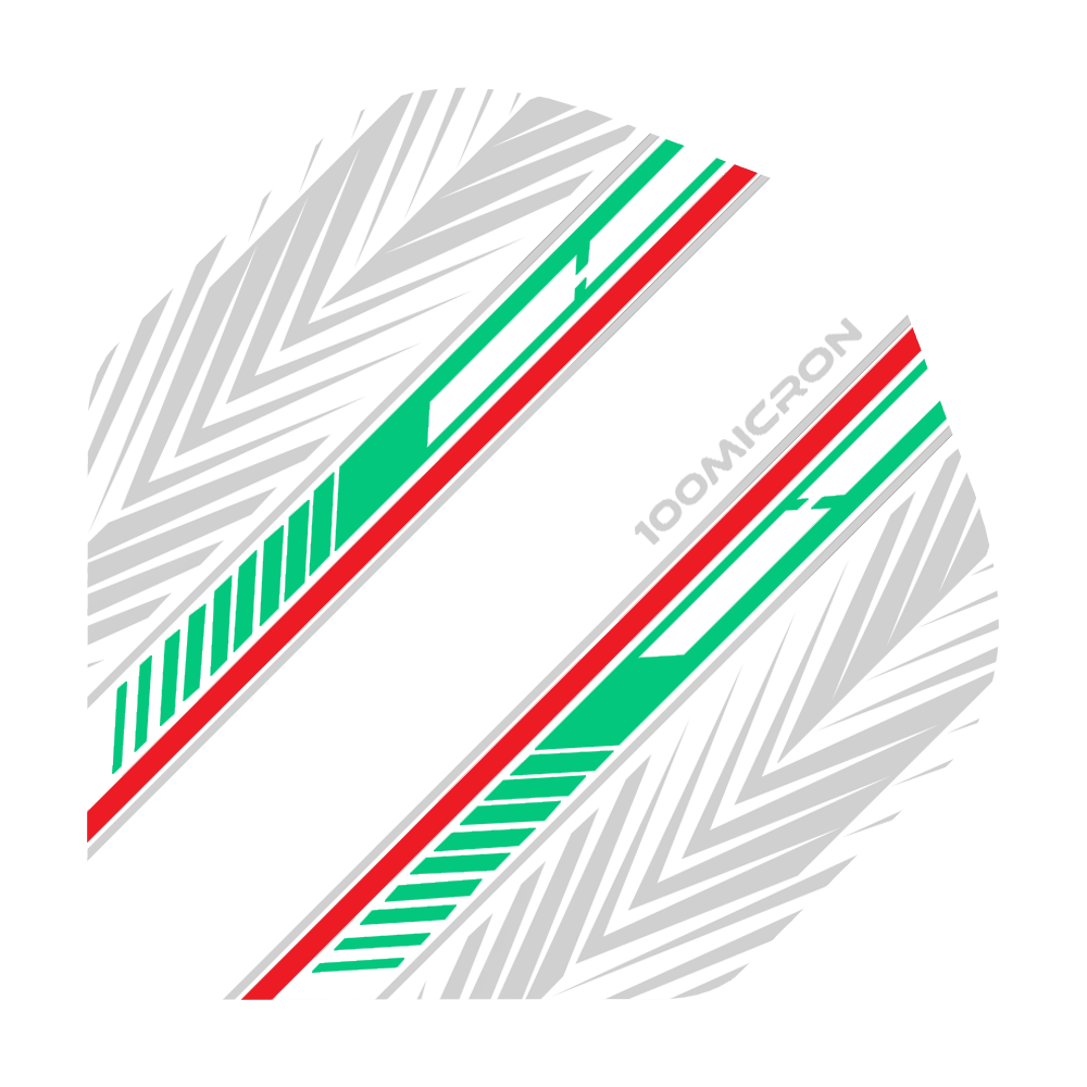 Loty pięcioboju biało-zielono-czerwone Das Bild zeigt einen Pentathlon White Green Red No2 Standard Flight für Darts. Das Design besteht aus weißen, grünen und roten Streifen sowie grauen Pfeilmustern auf weißem Hintergrund.