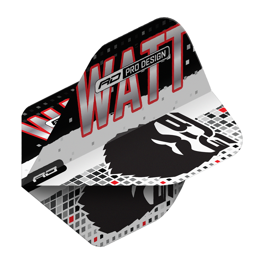 Das Bild zeigt die Red Dragon Hardcore Jason Watt BDG Premium No2 Standard Flights. Das Design ist in Schwarz, Weiß und Rot gehalten und trägt den Schriftzug "WATT" sowie eine stilisierte Grafik.