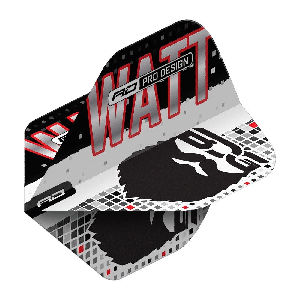 Red Dragon Hardcore Jason Watt BDG Premium No2 Standard Flights Das Bild zeigt die Red Dragon Hardcore Jason Watt BDG Premium No2 Standard Flights. Das Design ist in Schwarz, Weiß und Rot gehalten und trägt den Schriftzug "WATT" sowie eine stilisierte Grafik.