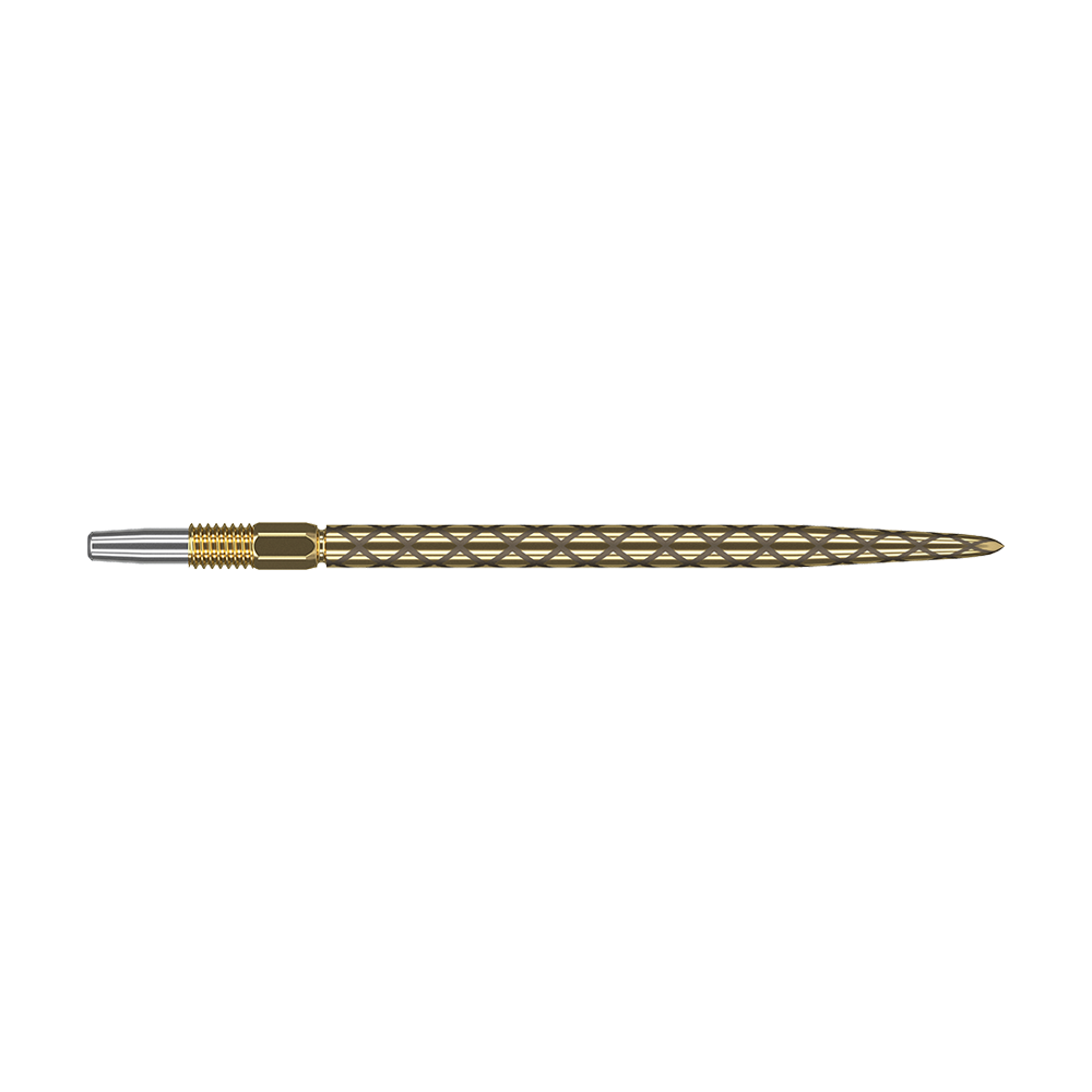 Końcówki do lotek Target Swiss Diamond Pro Gold Das Bild zeigt eine goldene Dartspitze mit einem diamantförmigen Muster. Die Spitze ist schmal und hat am vorderen Ende einen silbernen Bereich.