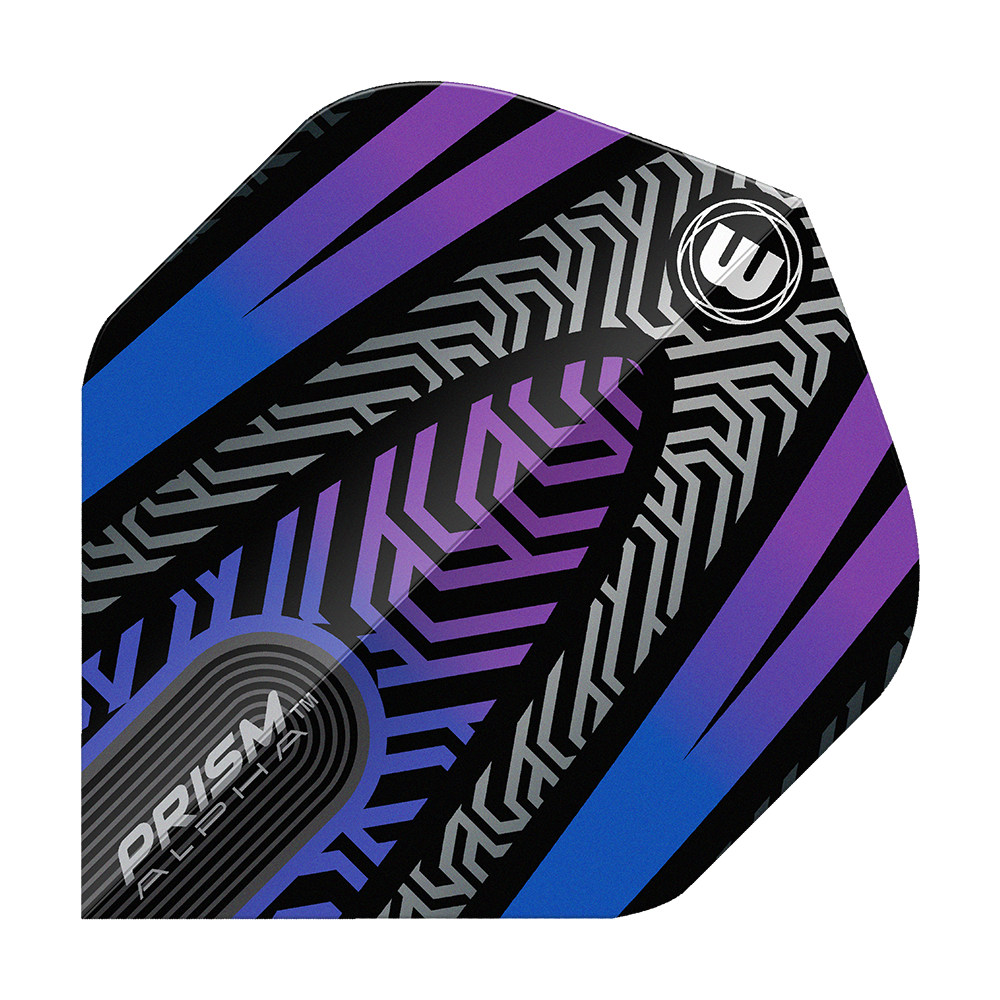 Das Bild zeigt ein Winmau Prism Alpha Schwarz Blau No2 Standard Flight. Das Flight hat ein auffälliges Muster in Blau, Lila, Schwarz und Silber mit geometrischen Linien und dem Winmau-Logo.