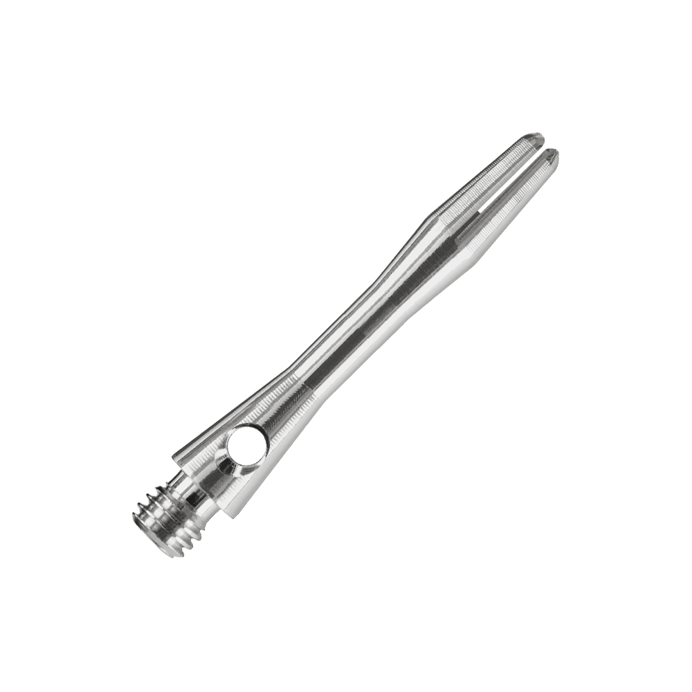 Das Bild zeigt einen Harrows Keramic Shaft in der Farbe Gun Metal. Der Schaft ist aus Metall gefertigt und hat ein glänzendes, silber-graues Aussehen.