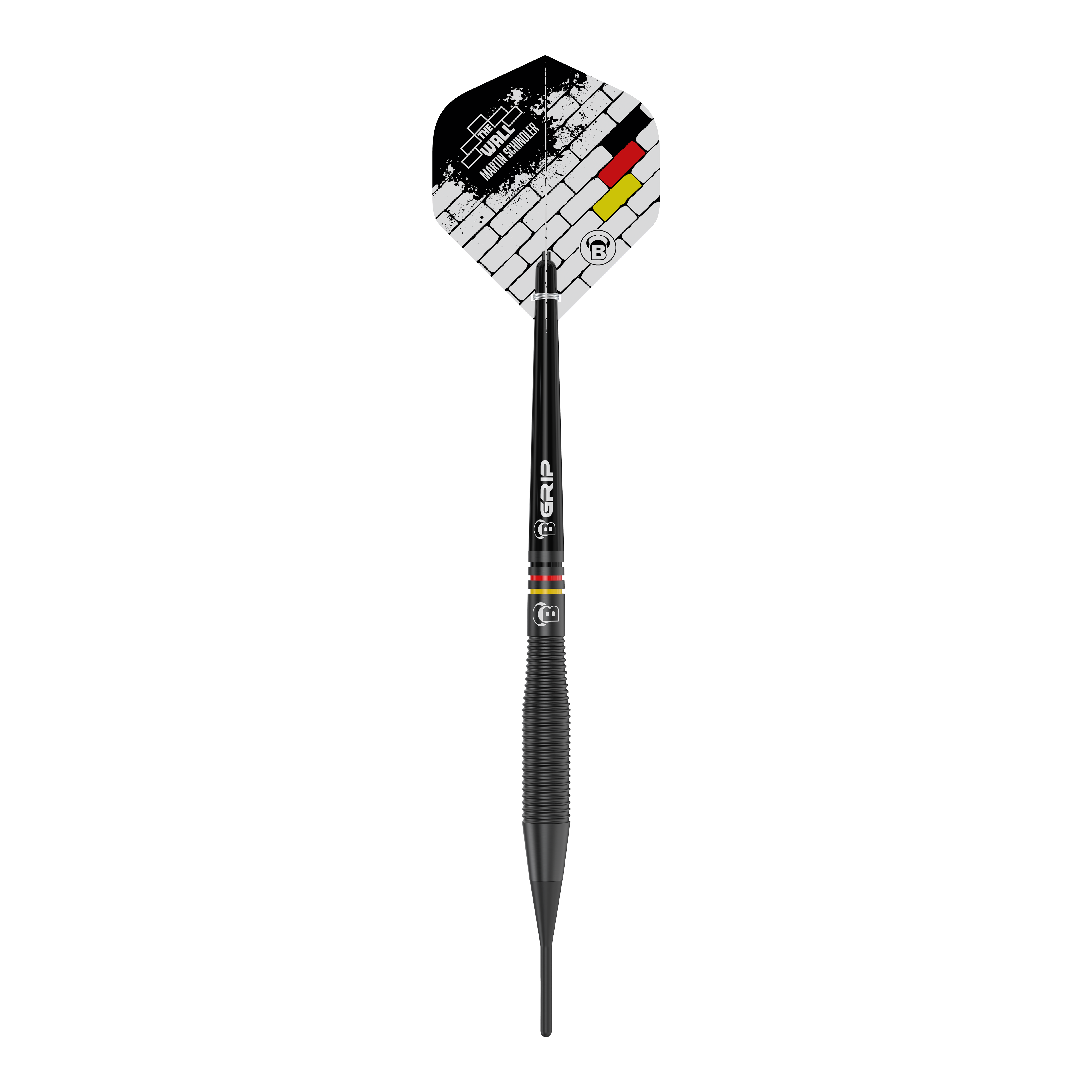 Dies ist ein schwarzer Softdart namens "Bulls Martin Schindler The Wall Black Brass" mit einem Gewicht von 18 Gramm. Auf dem Flight sind ein Mauer-Design und die Farben der deutschen Flagge zu sehen.
