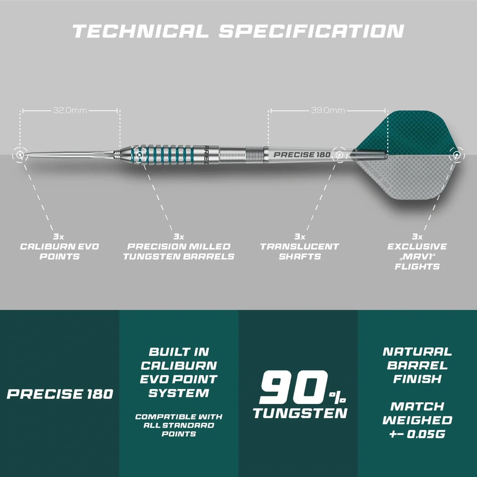 Die Abbildung zeigt die Precise 180 MRV1 Steeldarts mit einem Gewicht von 23g. Es handelt sich um hochwertige Steeldarts für präzises Dartspiel.