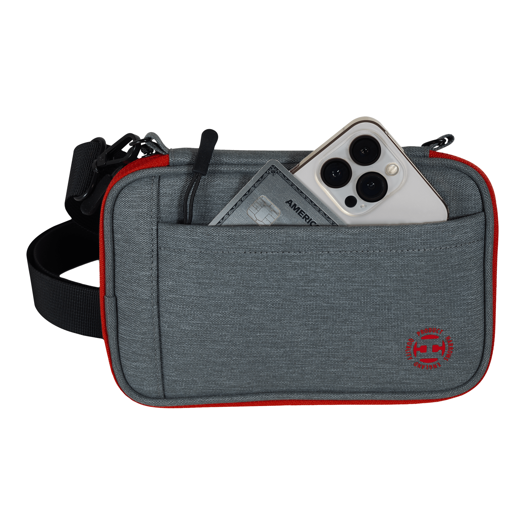 Etui na lotki Harrows Smart Case XL Das Bild zeigt eine graue Tasche mit rotem Rand und einem schwarzen Gurt. In der Vordertasche stecken ein Smartphone und eine Kreditkarte.